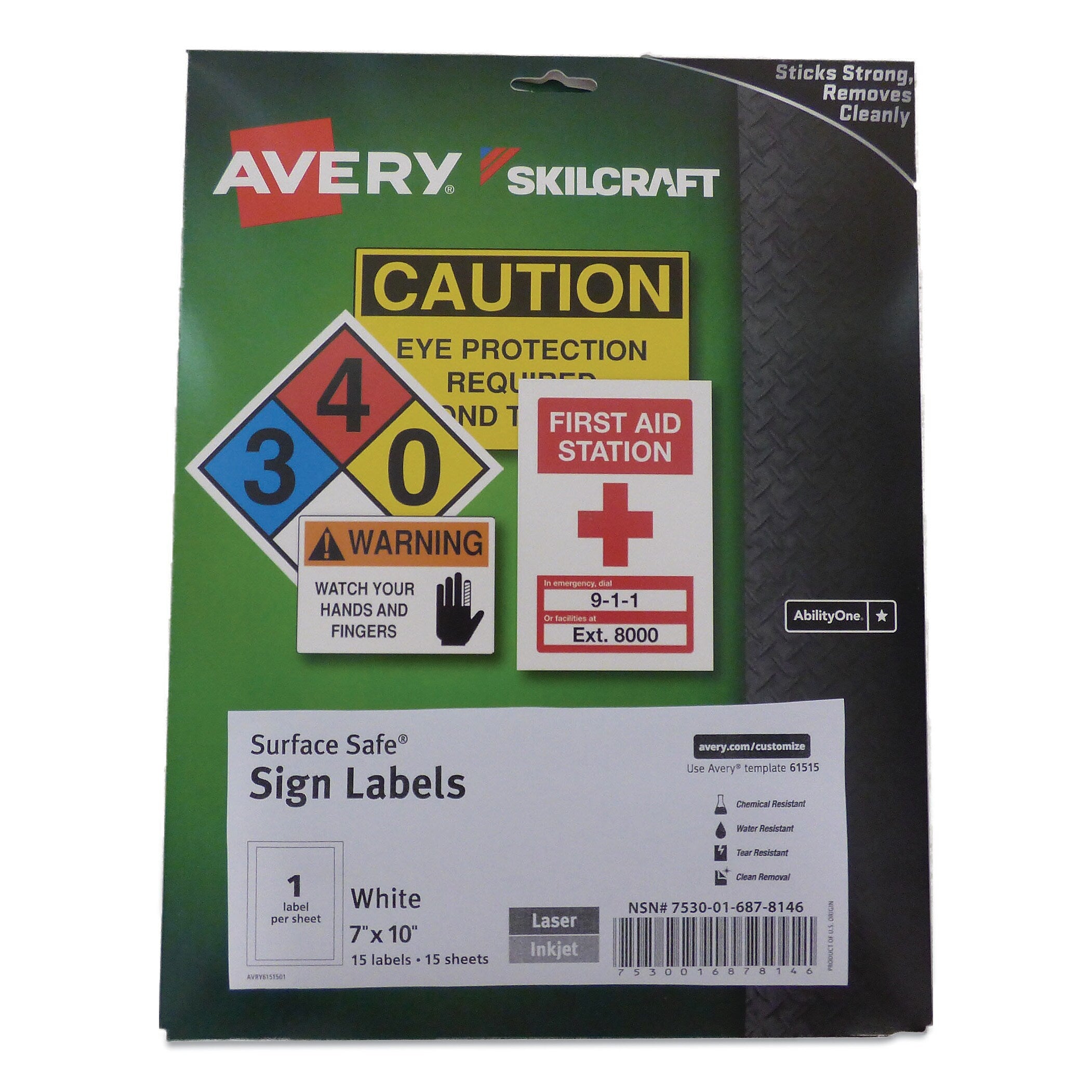 AbilityOne 7530016878146 SKILCRAFT/AVERY Surface Safe Sign Labels, 7 x 10, White, 1/Sheet, 15 Sheets/Box, 12 Boxes/Box