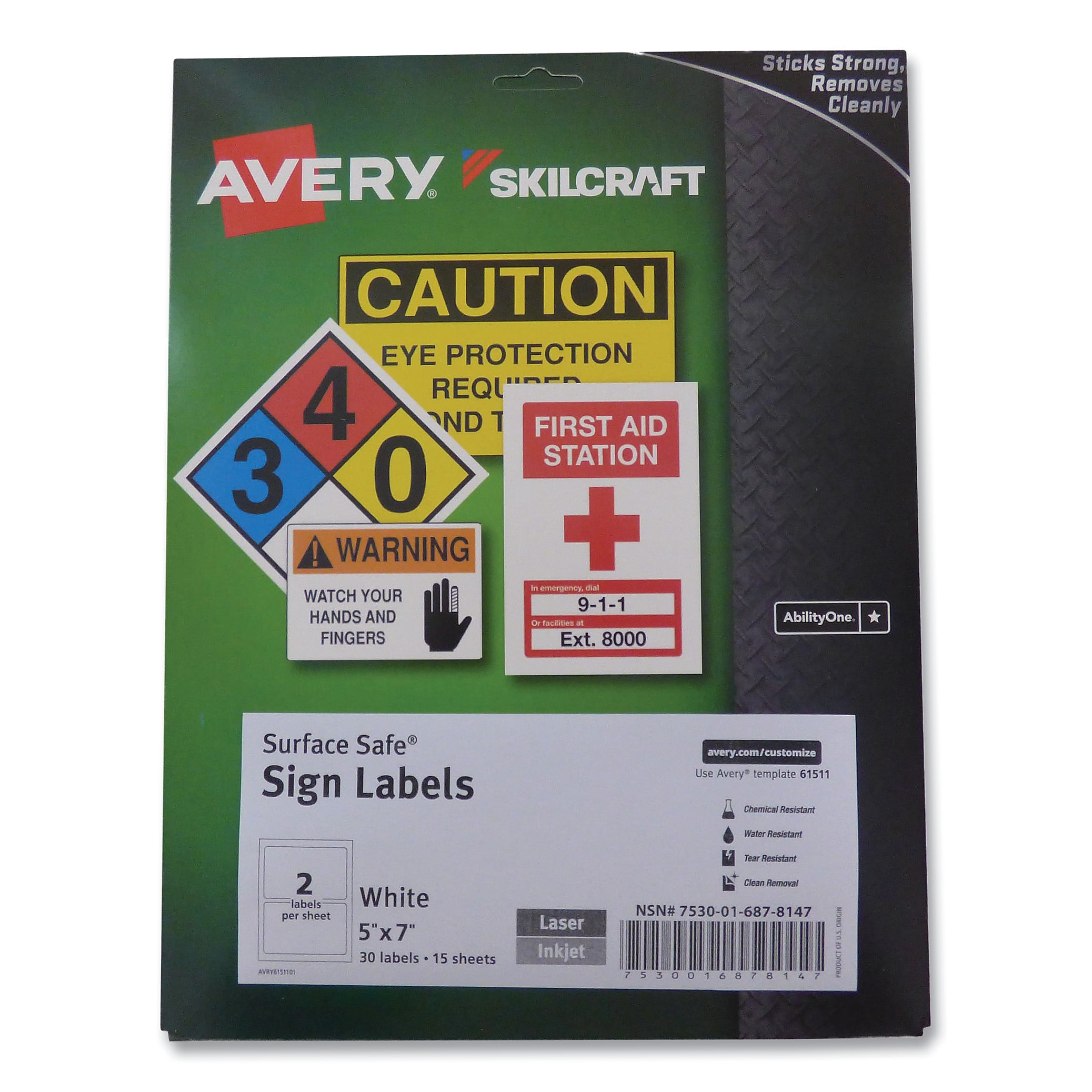 AbilityOne 7530016878147 SKILCRAFT/AVERY Surface Safe Sign Labels, 5 x 7, White, 2/Sheet, 15 Sheets/Box, 12 Boxes/Box
