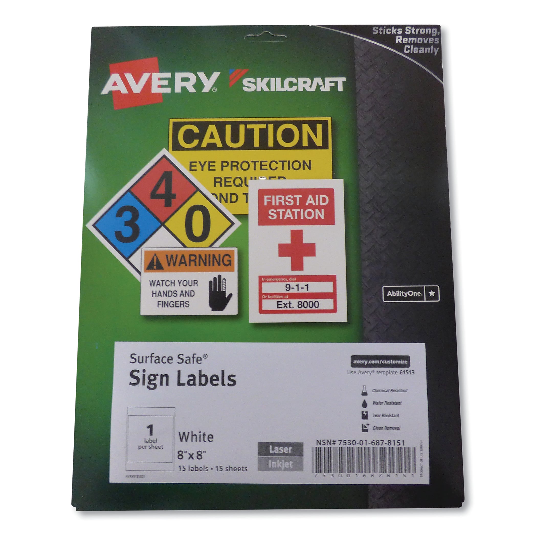 AbilityOne 7530016878151 SKILCRAFT/AVERY Surface Safe Sign Labels, 8 x 8, White, 1/Sheet, 15 Sheets/Box, 12 Boxes/Box