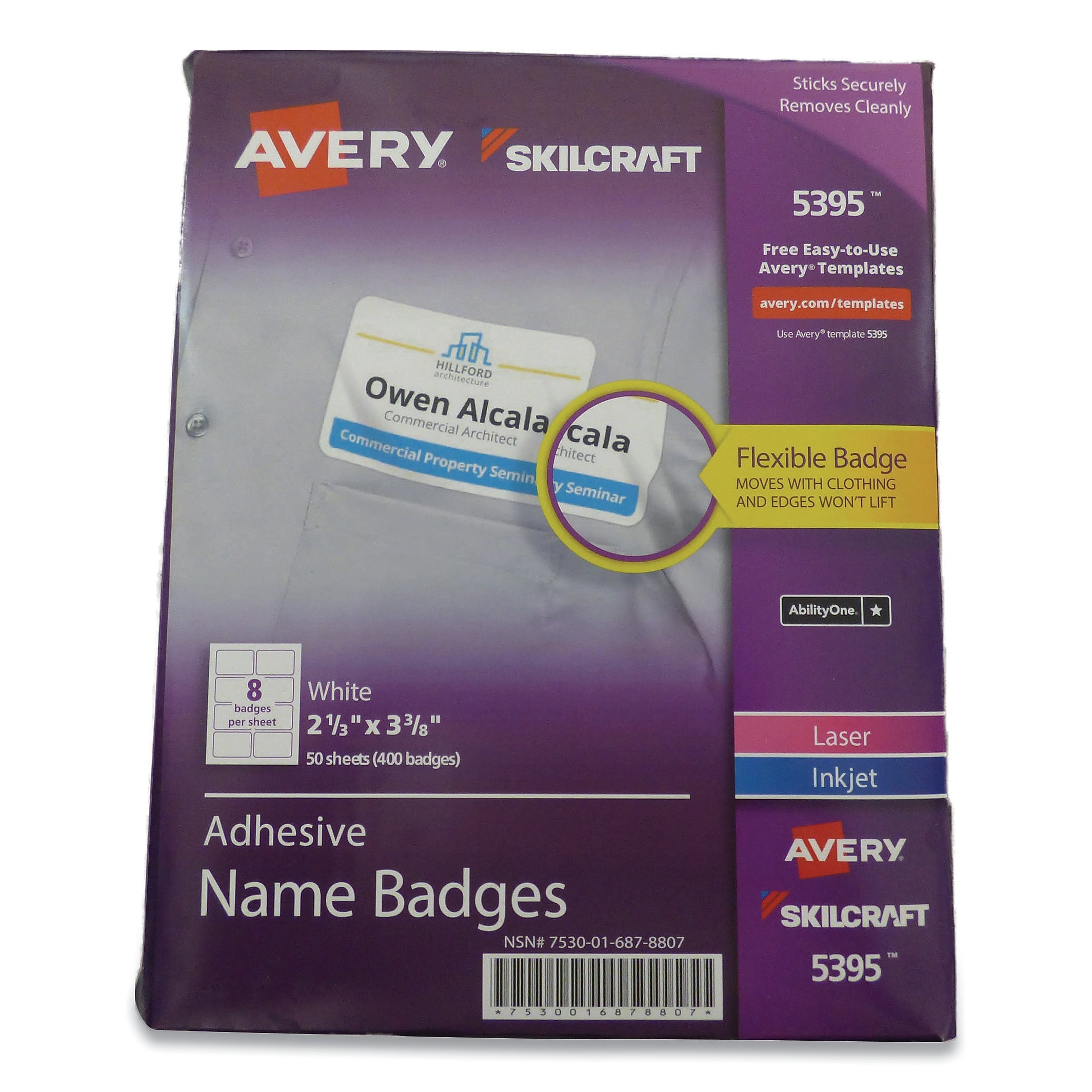AbilityOne 7530016878807 SKILCRAFT/AVERY Adhesive Name Badges, 2.33 x 3.38, White, 400/Pack