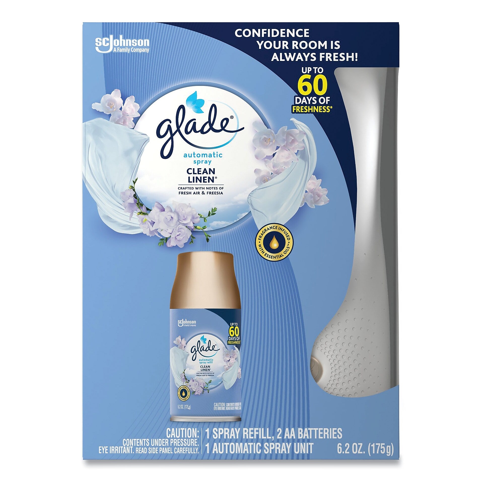 Glade Automatic Air Freshener Starter Kit, Spray Unit and Refill, Clean Linen, 6.2 oz., 4/Carton