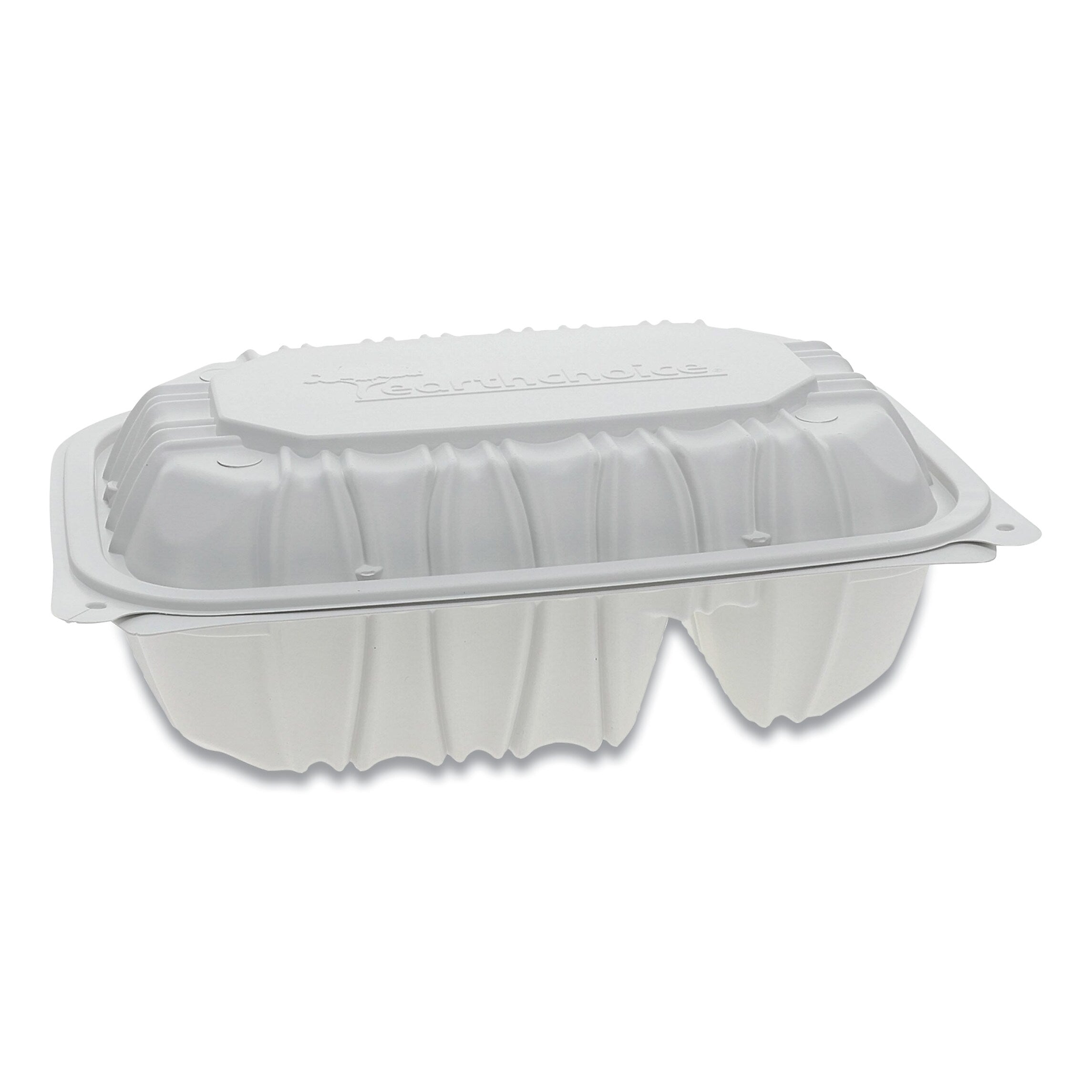 Pactiv Evergreen Vented Microwavable Hinged-Lid Takeout Container, 2-Compartment, 9 x 6 x 3.1, White, 170/Carton