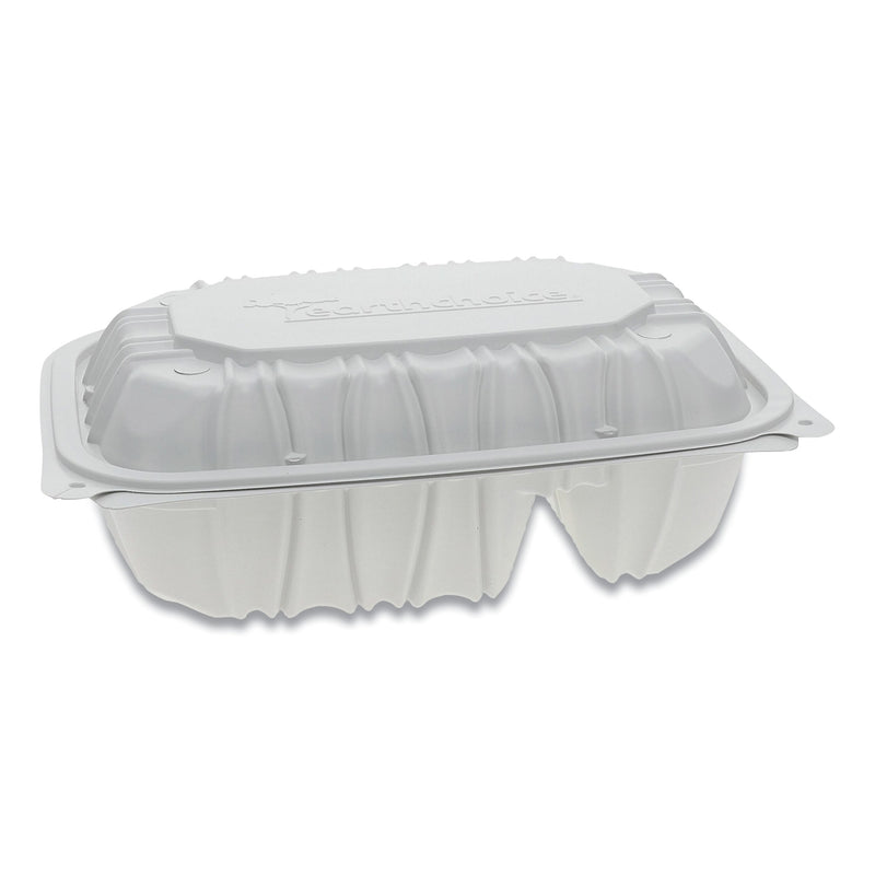 Pactiv Evergreen Vented Microwavable Hinged-Lid Takeout Container, 2-Compartment, 9 x 6 x 3.1, White, 170/Carton