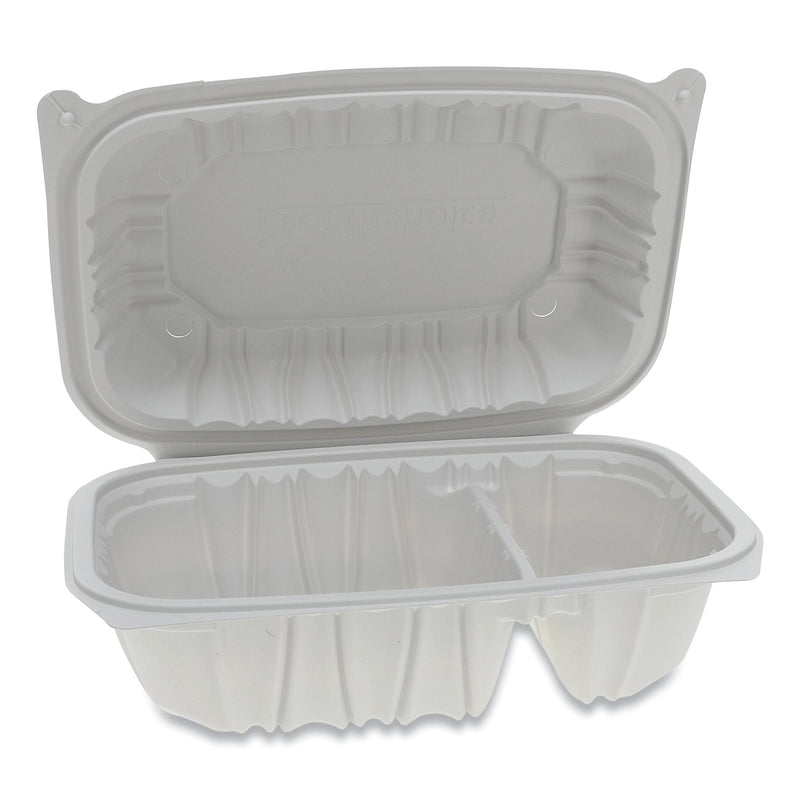 Pactiv Evergreen Vented Microwavable Hinged-Lid Takeout Container, 2-Compartment, 9 x 6 x 3.1, White, 170/Carton
