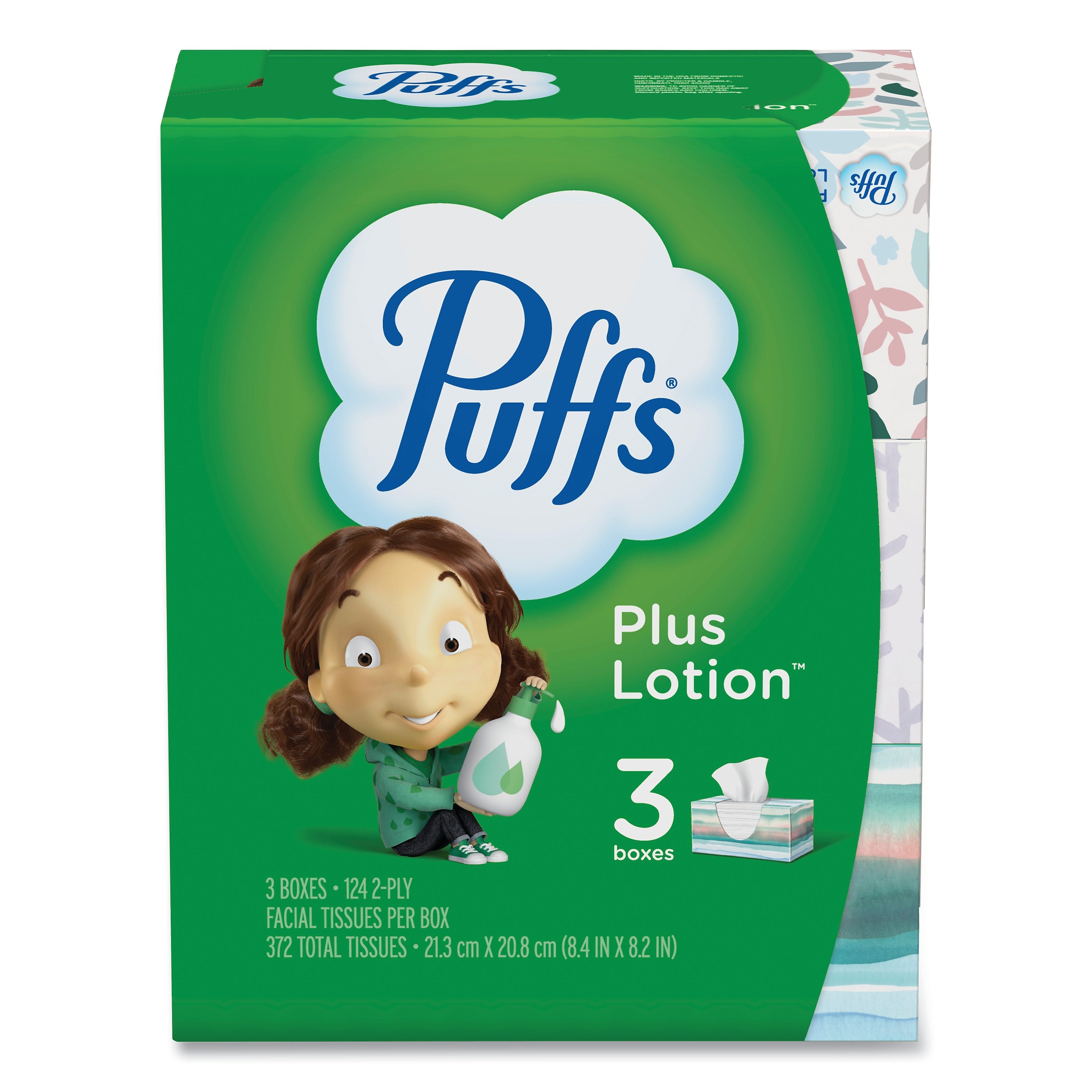 Puffs Plus Lotion Facial Tissue, White, 2-Ply, 124/Box, 3 Box/Pack, 8 Packs/Carton