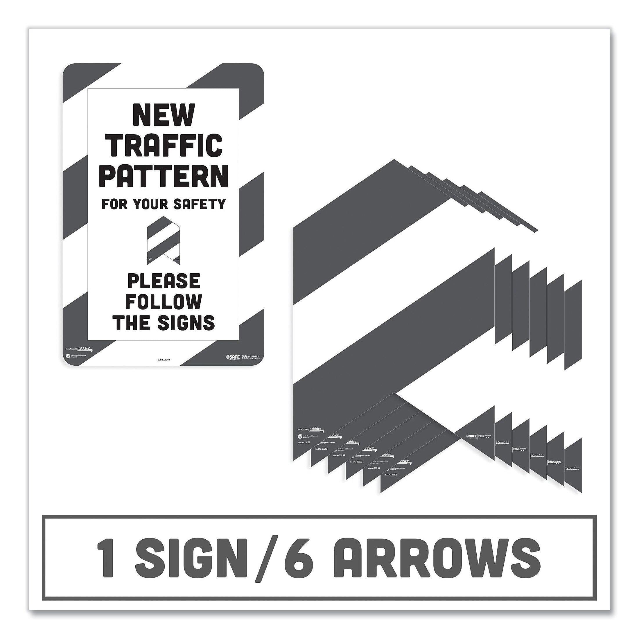 Tabbies BeSafe Carpet Decals, New Traffic Pattern For Your Safety; Please Follow The Signs, 12 x 18, White/Gray, 7/Pack