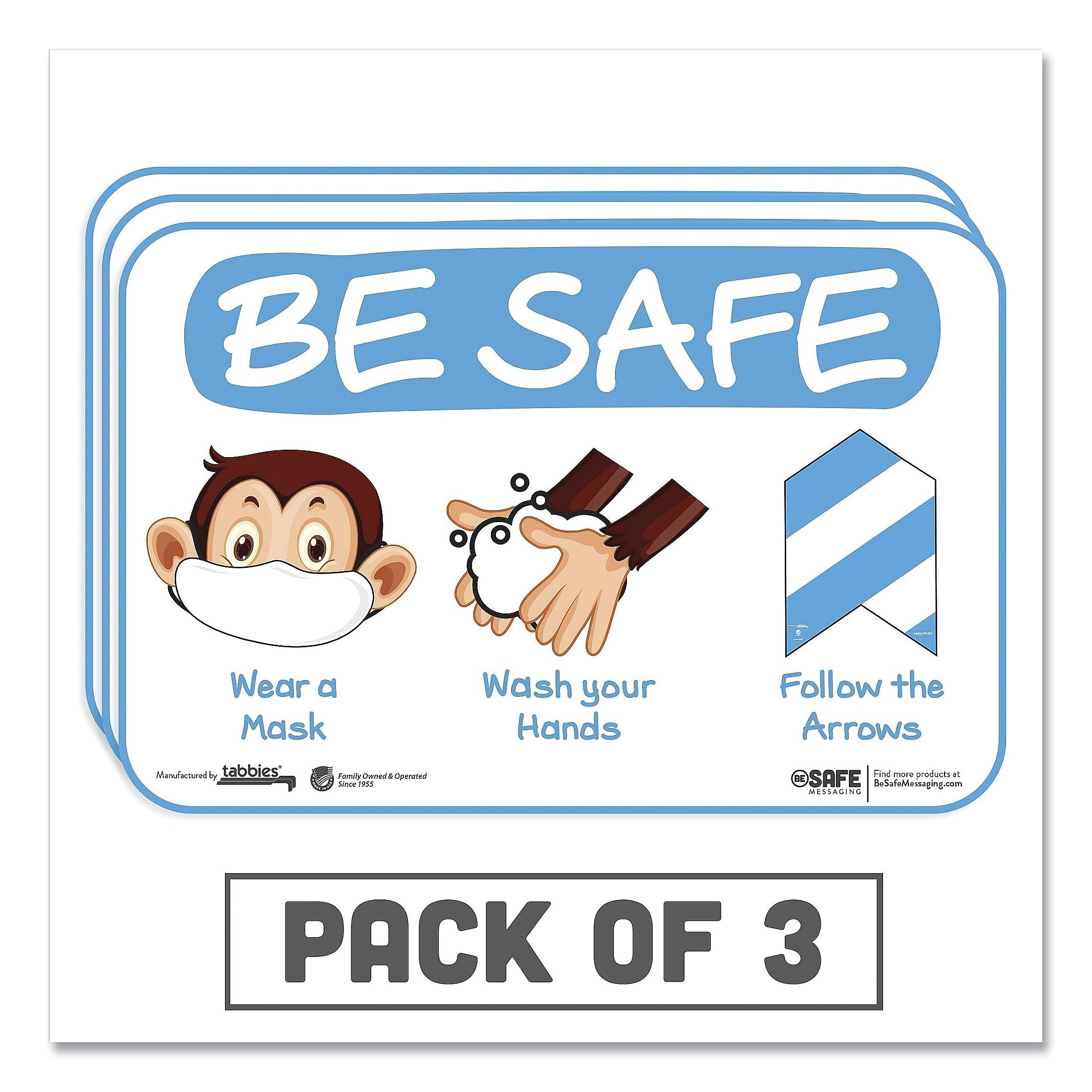 Tabbies BeSafe Messaging Education Wall Signs, 9 x 6, "Be Safe, Wear a Mask, Wash Your Hands, Follow the Arrows", Monkey, 3/Pack