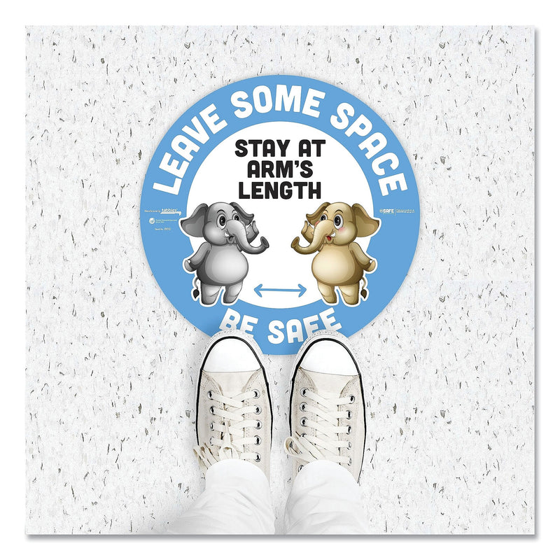 Tabbies BeSafe Messaging Education Floor Signs, Leave Some Space; Stay At Arms Length; Be Safe, 12" dia, White/Blue, 6/Pack