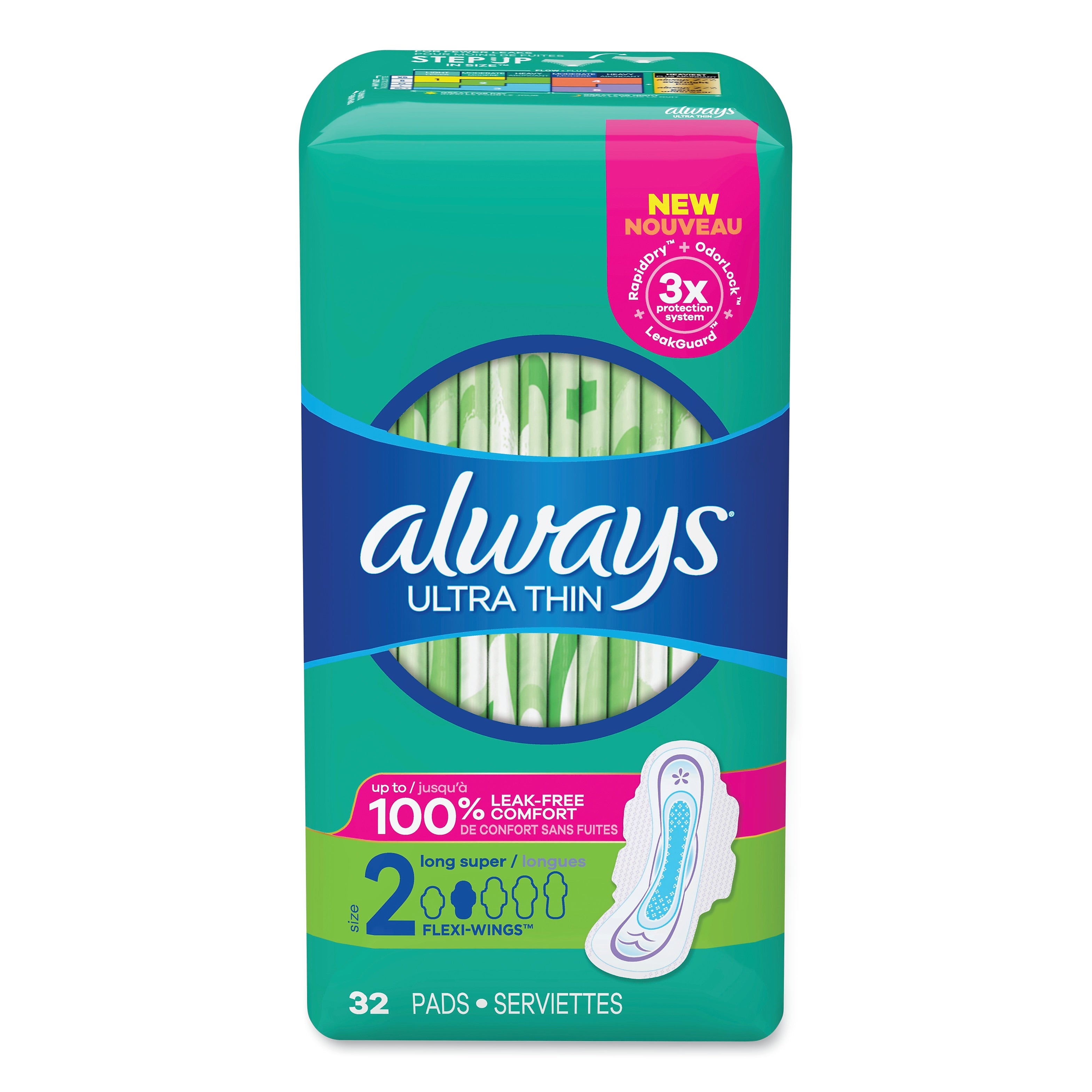 Always Ultra Thin Pads with Wings, Size 2, Long, Super Absorbent, 32/Pack, 3 Packs/Carton (PGC97020)