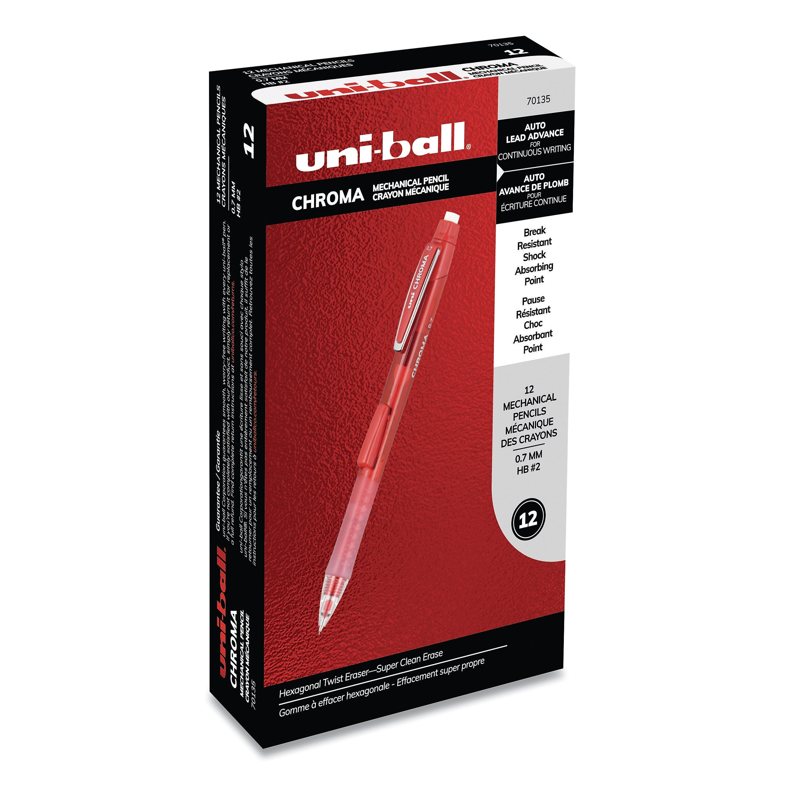 uni-ball Chroma Mechanical Pencil, 0.7 mm, HB (#2), Black Lead, Red Barrel, Dozen