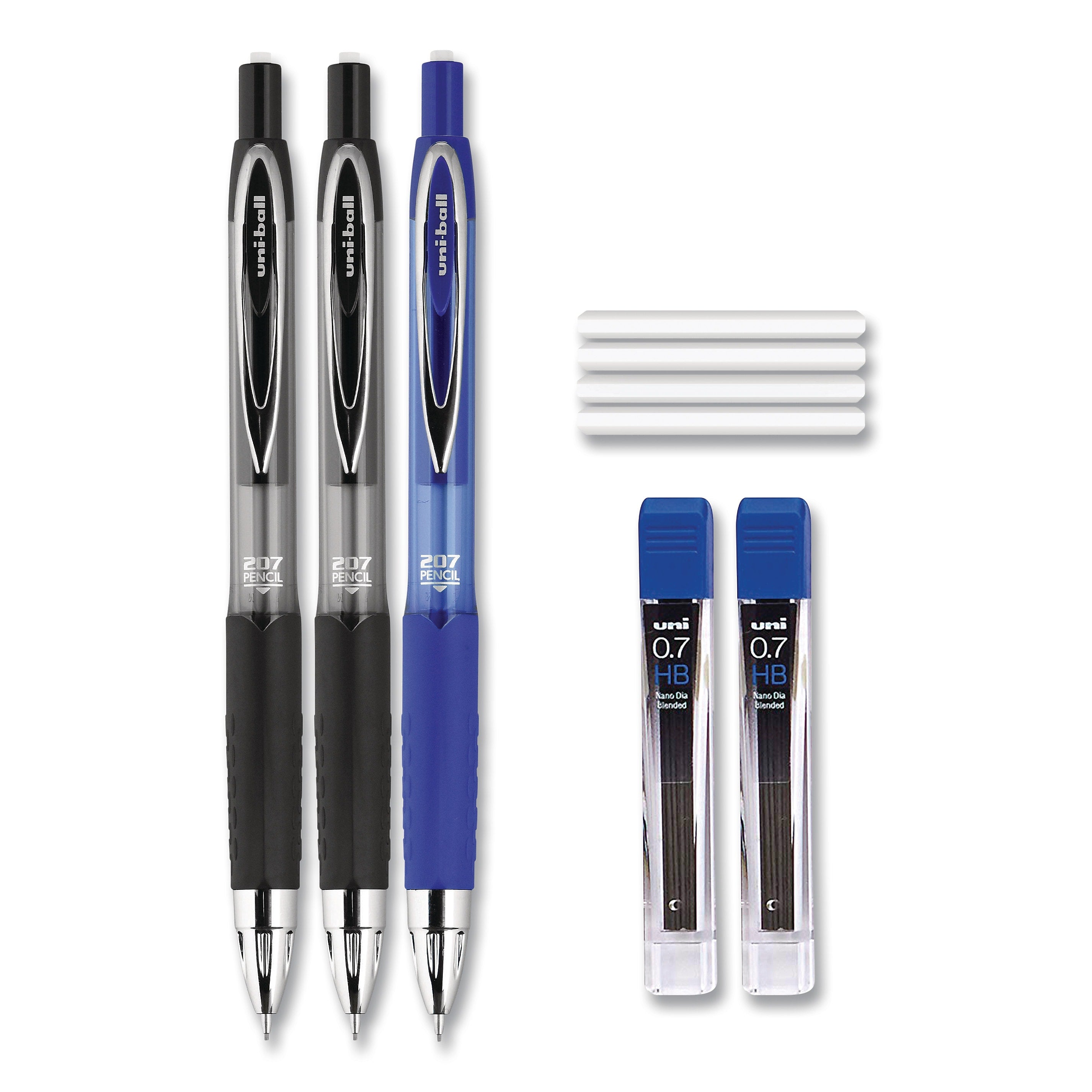 uni-ball 207 Mechanical Pencil with Lead and Eraser Refills, 0.7 mm, HB (#2), Black Lead, Assorted Barrel Colors, 3/Set