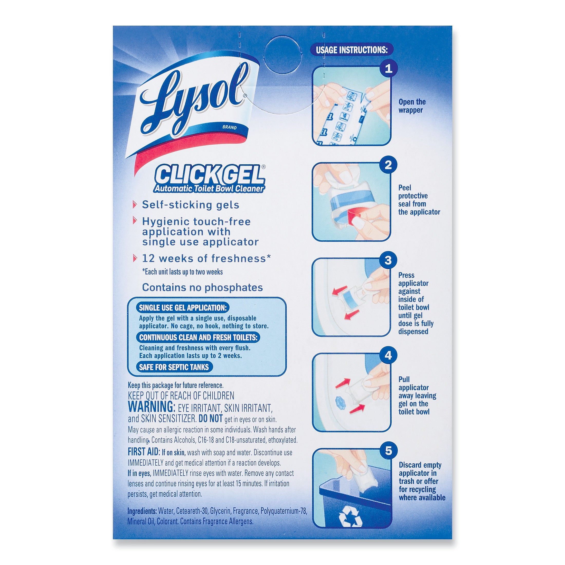LYSOL Brand Click Gel Automatic Toilet Bowl Cleaner, Atlantic Fresh, 6/Box, 4 Boxes/Carton (RAC89059CT)