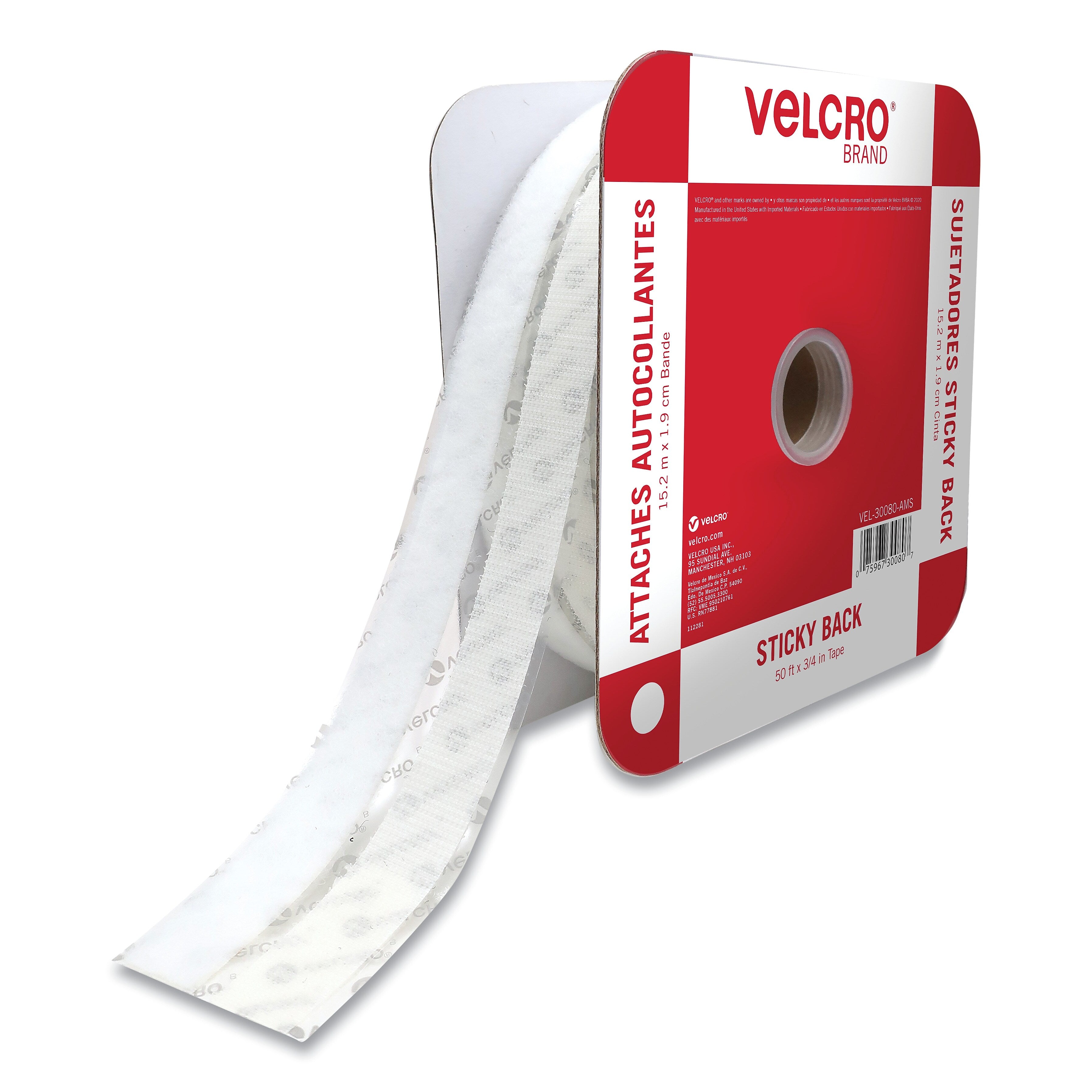 VELCRO Brand Sticky-Back Fasteners, Removable Adhesive, 0.75" x 50 ft., White