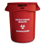 Rubbermaid Commercial Round Brute Container with "Infectious Waste: Biohazard" Imprint, Plastic, 32 gal, Red