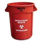 Rubbermaid Commercial Round Brute Container with "Infectious Waste: Biohazard" Imprint, Plastic, 32 gal, Red