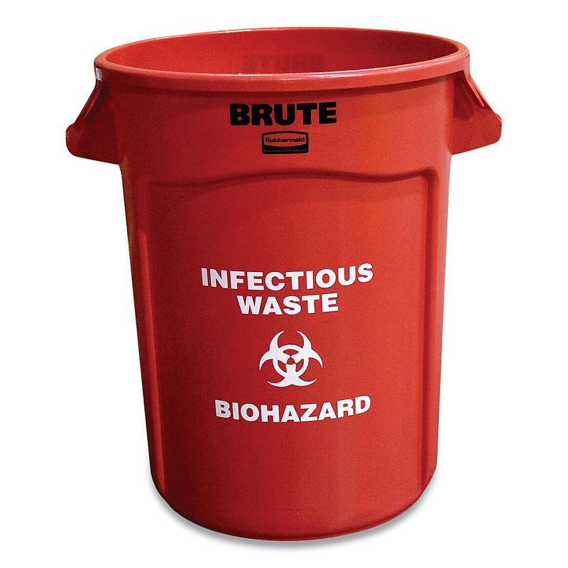 Rubbermaid Commercial Round Brute Container with "Infectious Waste: Biohazard" Imprint, Plastic, 32 gal, Red