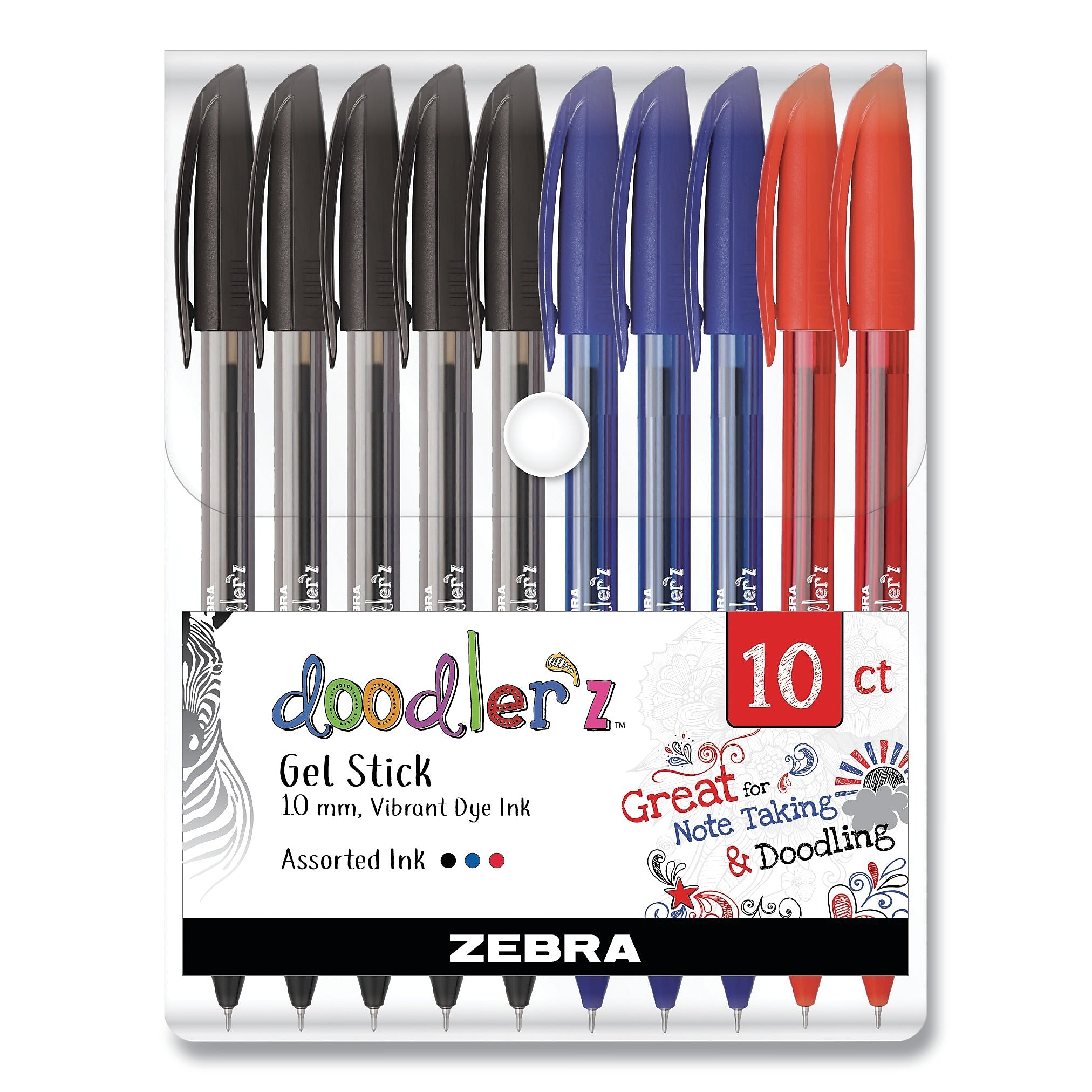 Zebra Doodler'z Gel Pen, Stick, Bold 1 mm, Assorted Ink and Barrel Colors, 10/Pack