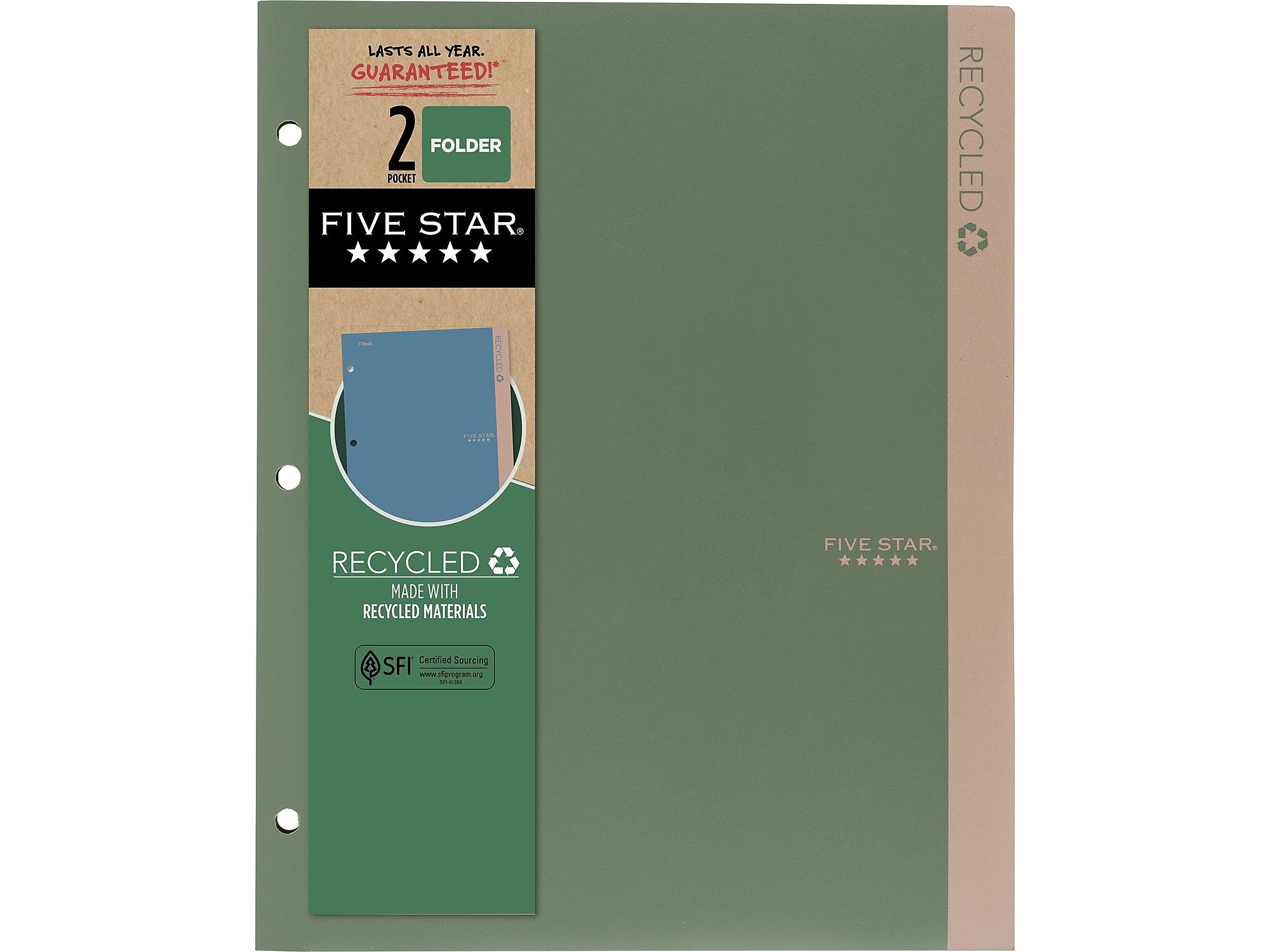 Five Star 100% Recycled 3-Hole Punched 2-Pocket Paper Folder, Assorted Colors (330027-22)