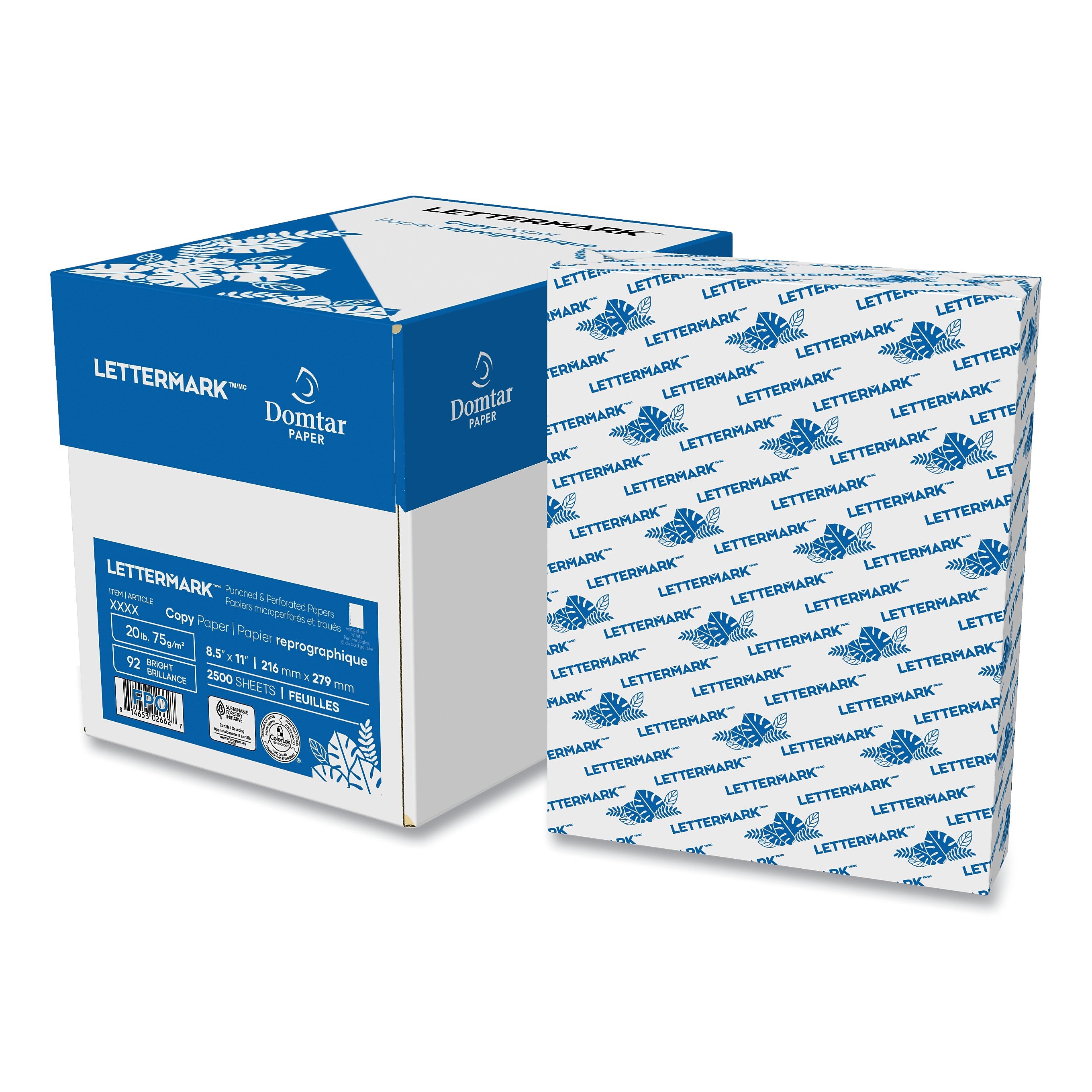 Lettermark Custom Cut-Sheet Copy Paper, 92 Bright, 5-Hole (5/16") Top Punched, 20 lb, 8.5 x 11, White, 500/Ream