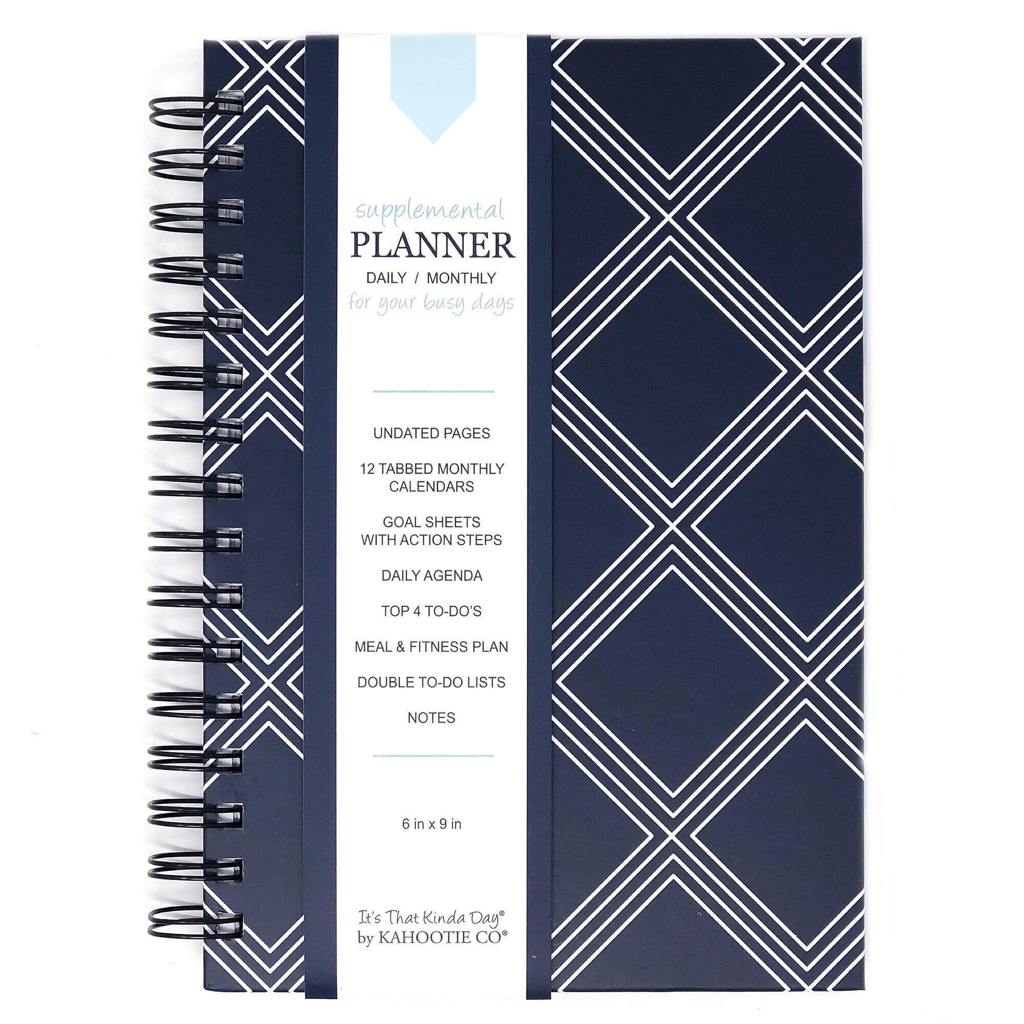 Kahootie Co Daily Planner For Your Busy Days, 6" x 9", Navy Diamonds (ITKDND)