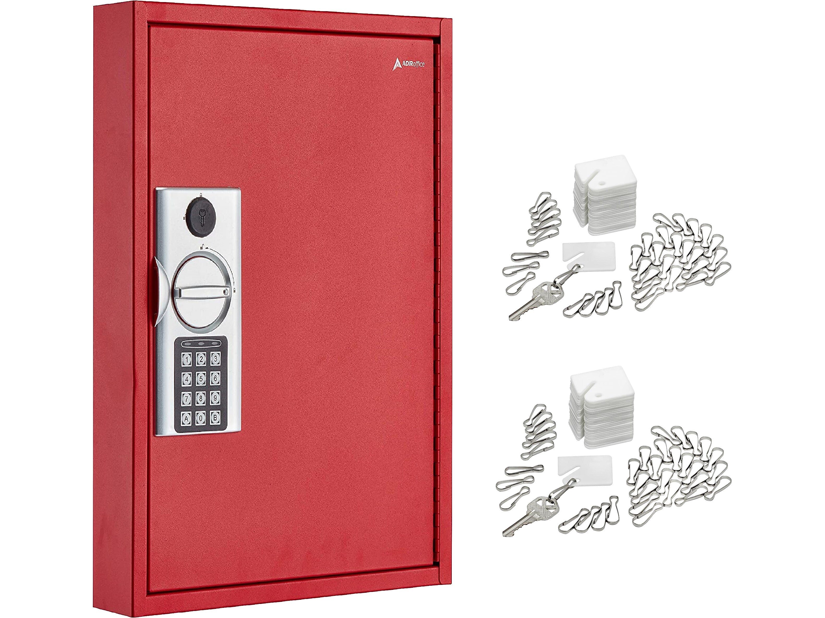AdirOffice 60-Key Digital Lock Key Cabinet with Key Tags, Red (680-60-RED-689-PKG)