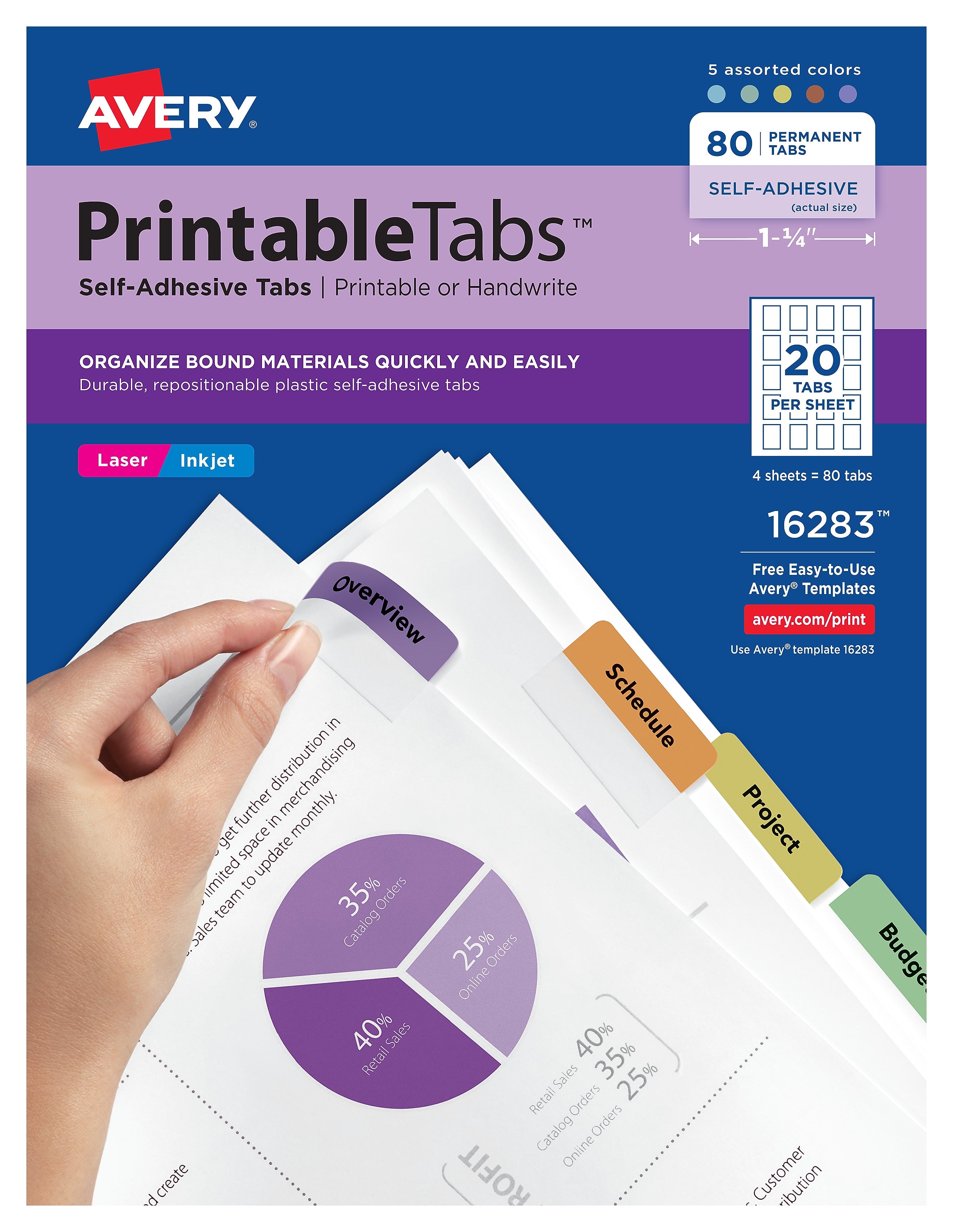 Avery Printable Self-Adhesive Plastic Tabs, 1-3/4", Assorted, 80/Pack (16283)
