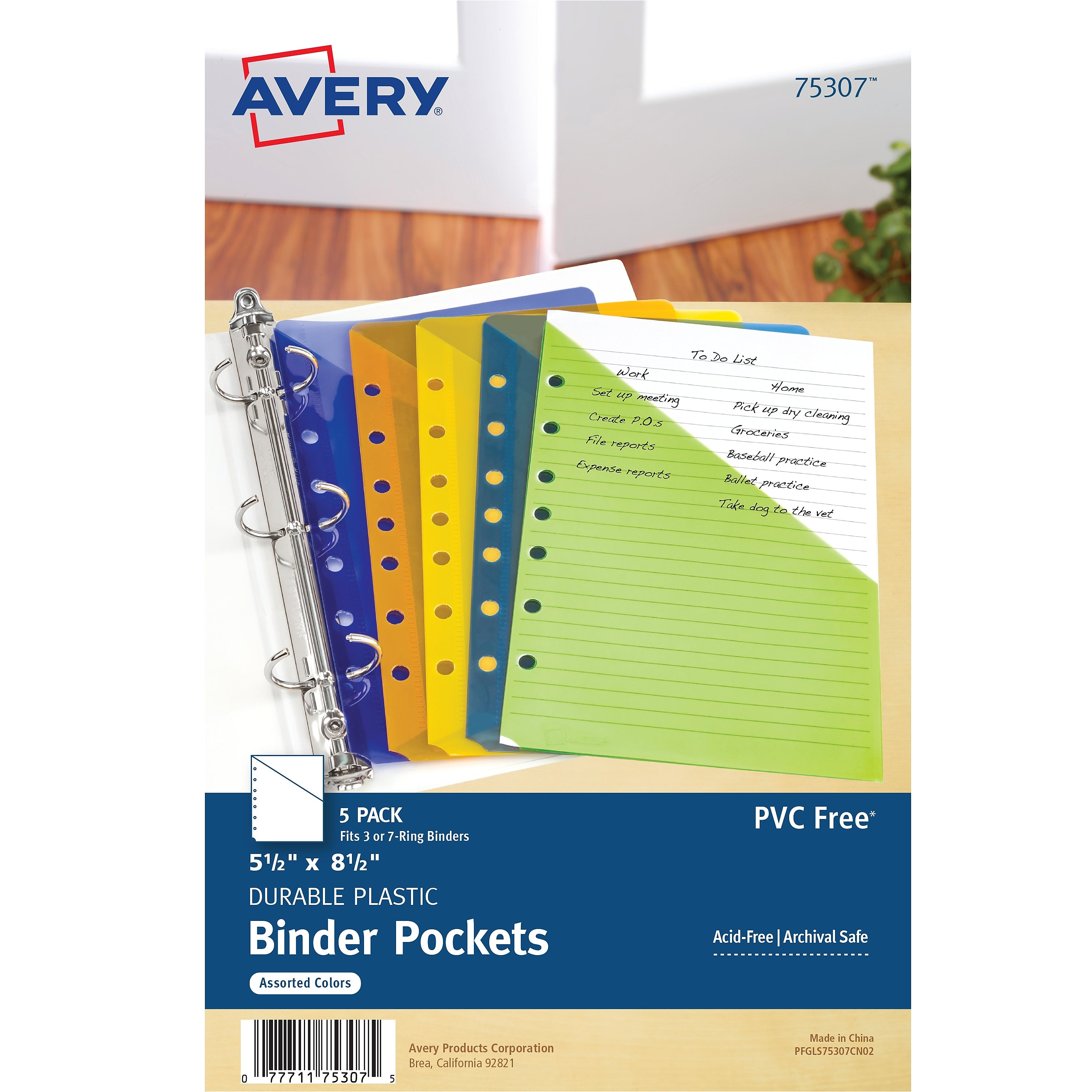 Avery Mini Polypropylene/PP Binder Pocket, 7-Hole Punched, Assorted Colors, 5/Pack (75307)