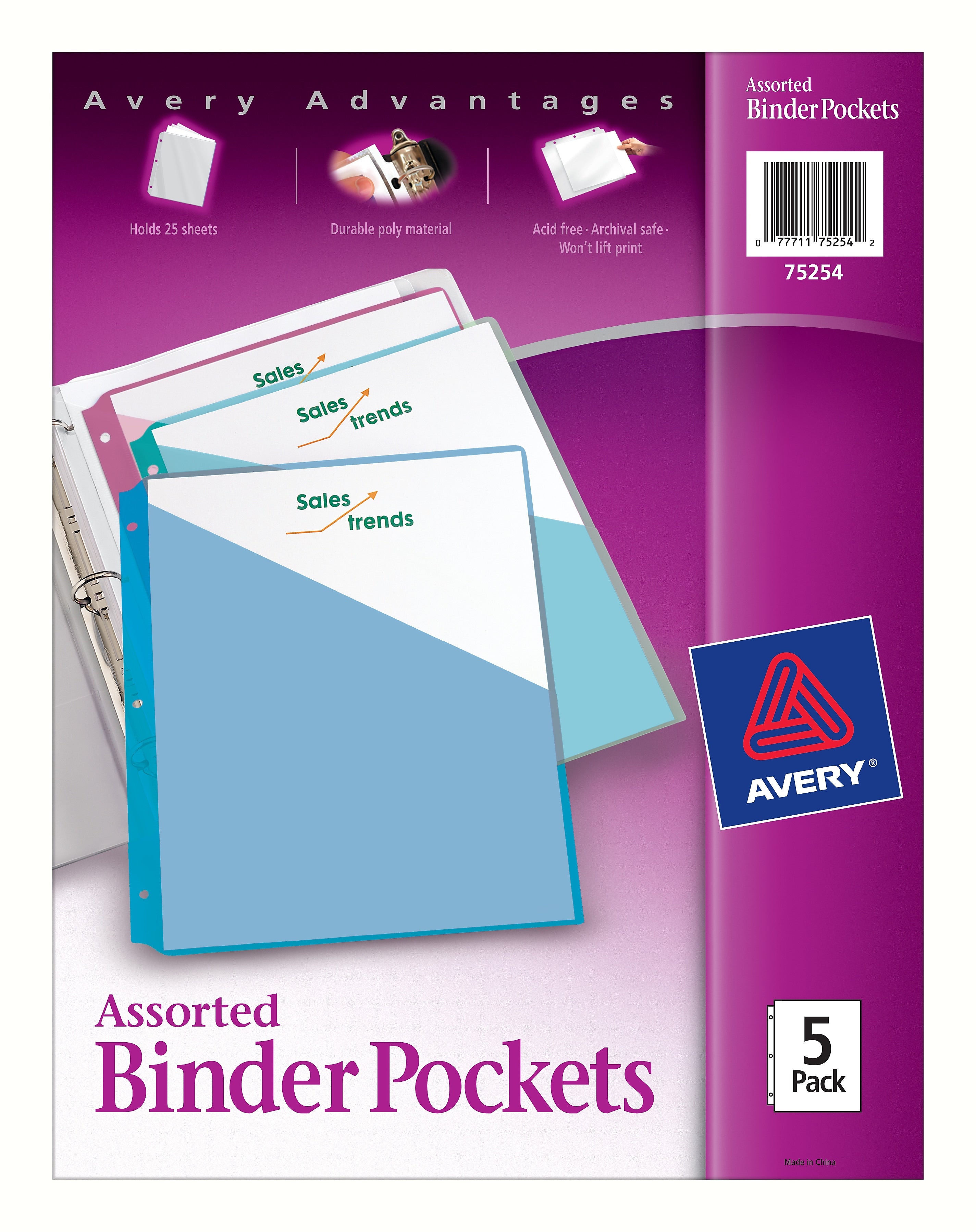 Avery Poly Binder Pocket, 3-Hole Punched, Assorted Colors, 5/Pack (75254)