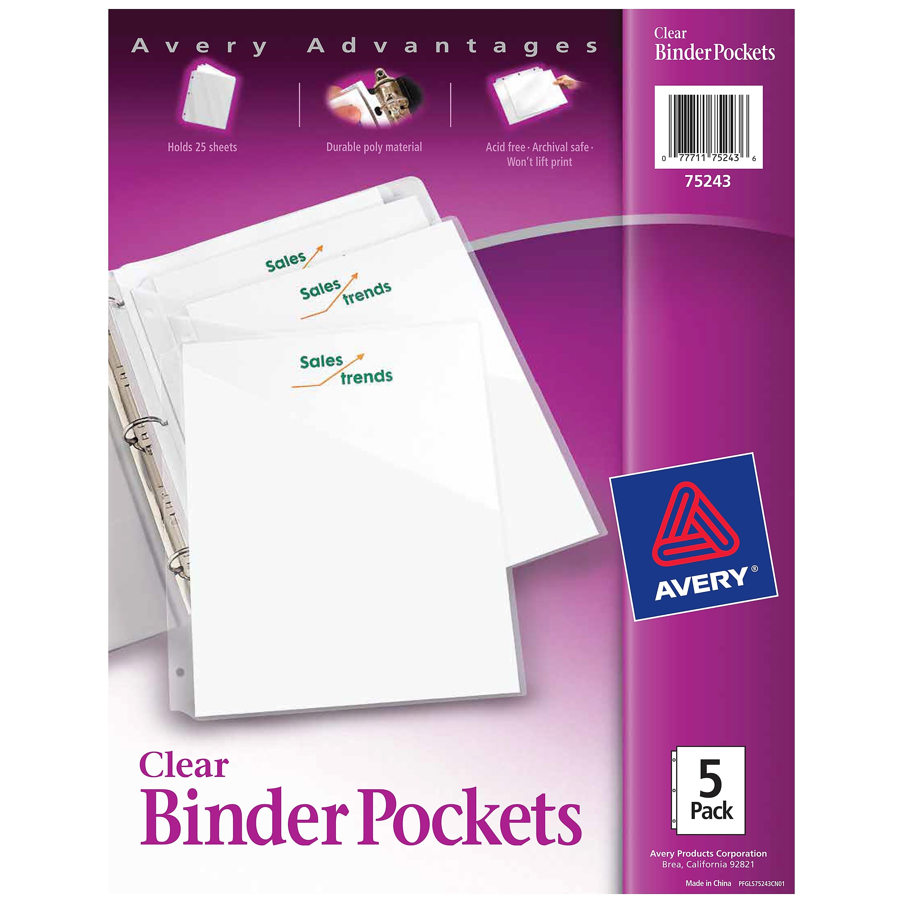 Avery Binder Pockets for 3-Ring Binders, Clear, Fits 8 1/2" x 11" Paper, 5/Pack (75243)