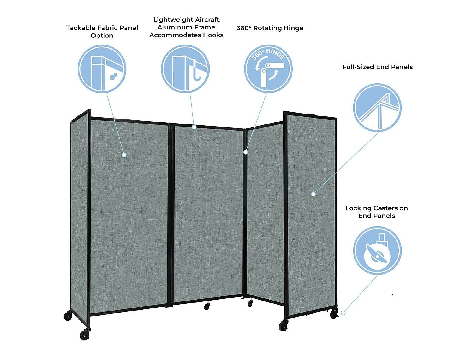 Versare The Room Divider 360 Freestanding Mobile Partition, 72"H x 234"W, Ocean Fabric (1172715)