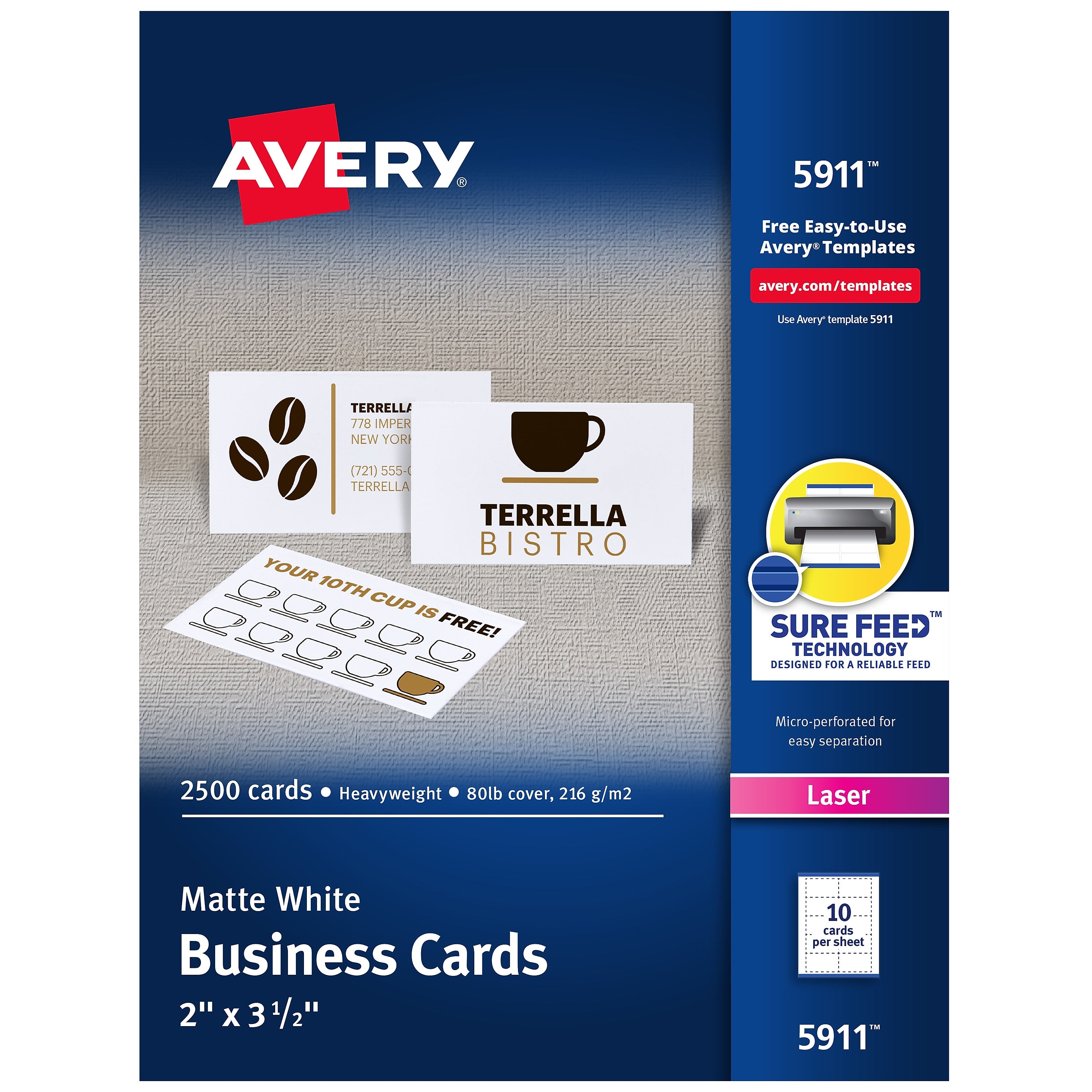 Avery® Laser Business Cards, 2" x 3.5", White, 2500/Box(5911)