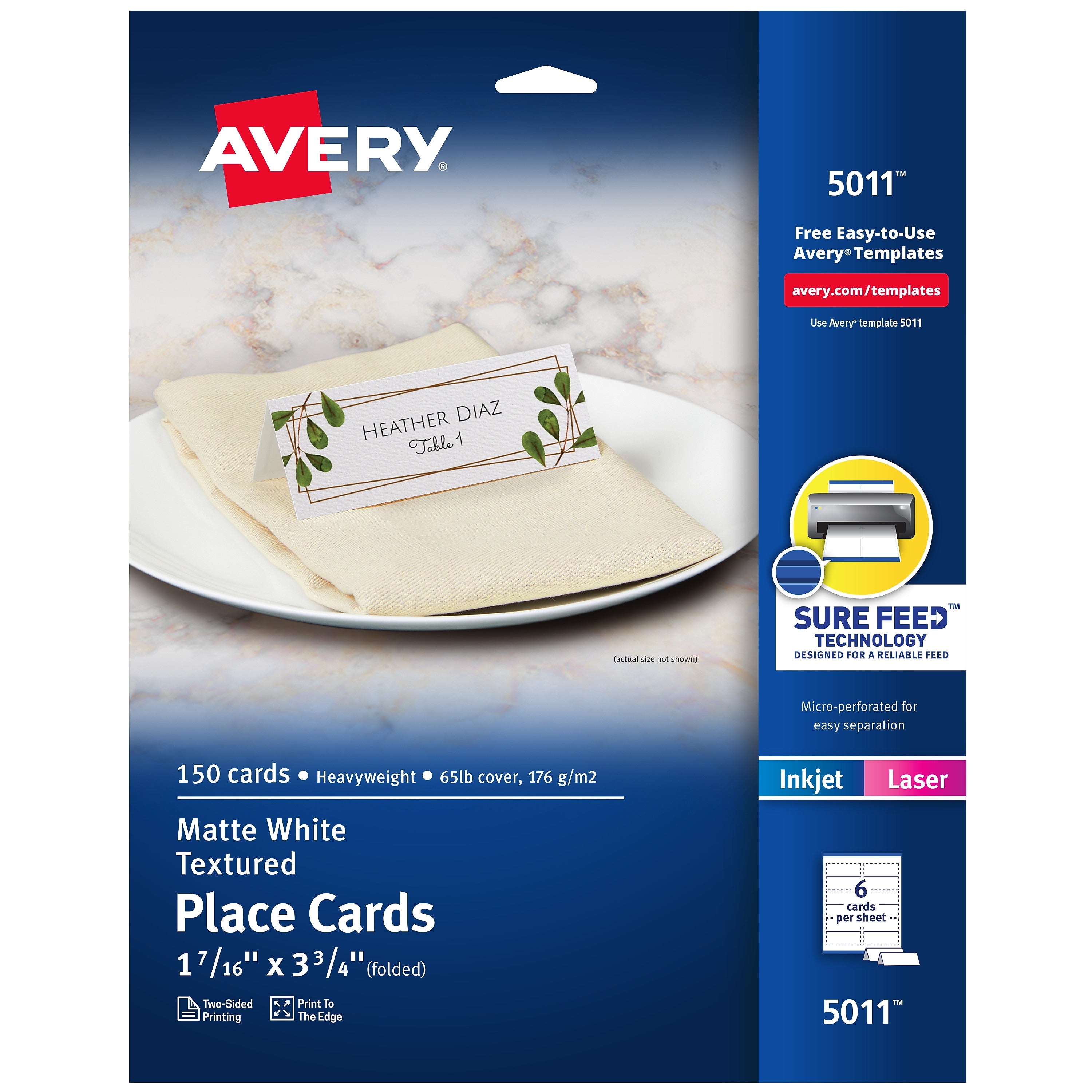 Avery Textured 1.44" x 3.75" White Matte Table Tent, Inkjet/Laser, 150/Pack (5011)