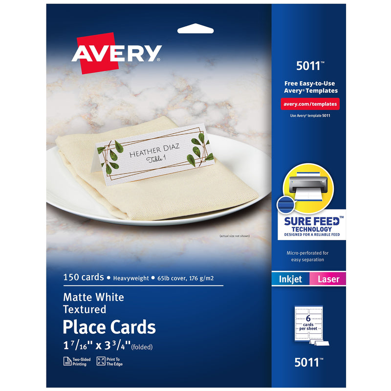 Avery Textured 1.44" x 3.75" White Matte Table Tent, Inkjet/Laser, 150/Pack (5011)