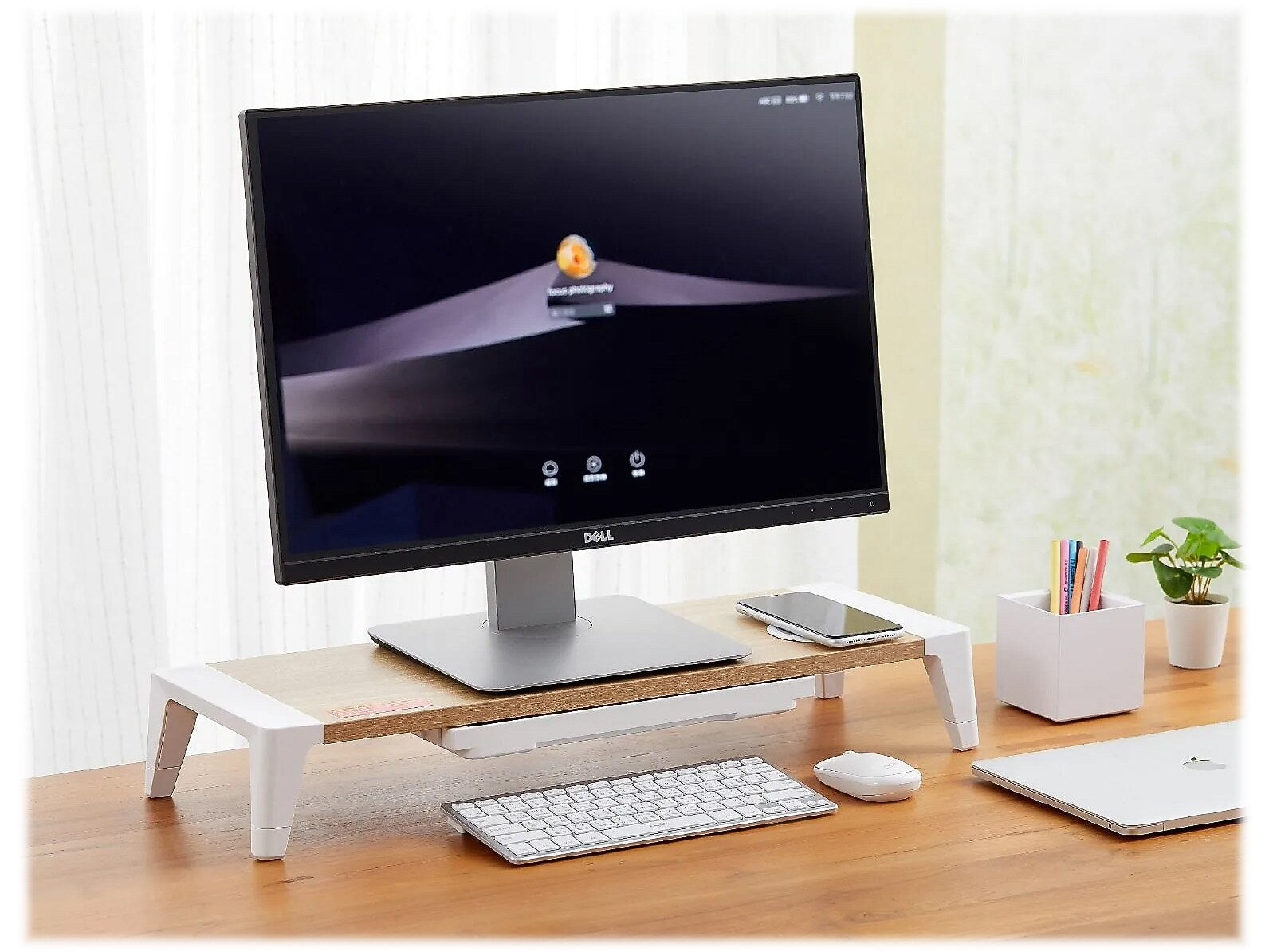 Bostitch Adjustable Monitor Stand with Wireless Charging Pad, Light Wood/White (STND-2408WH)