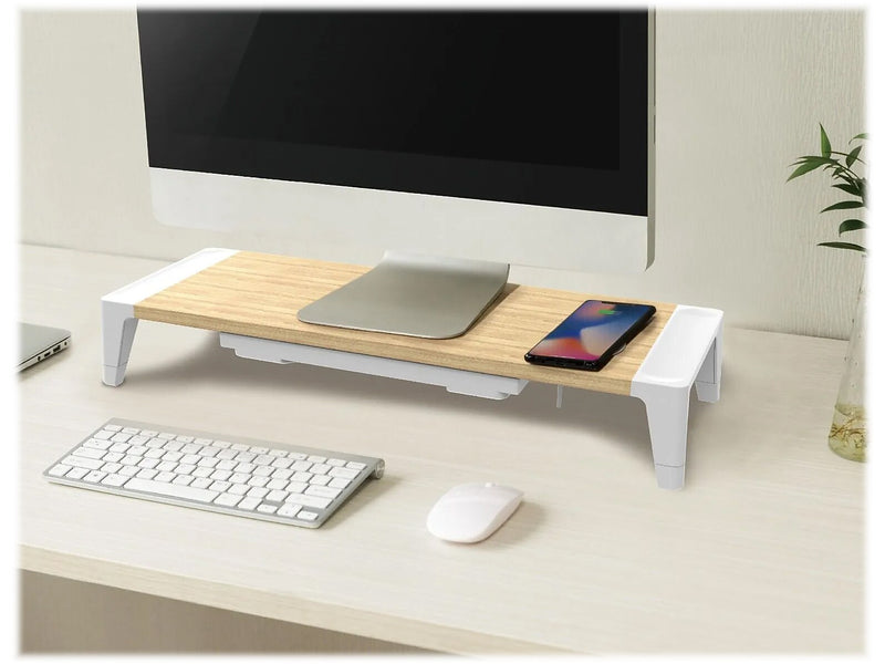 Bostitch Adjustable Monitor Stand with Wireless Charging Pad, Light Wood/White (STND-2408WH)