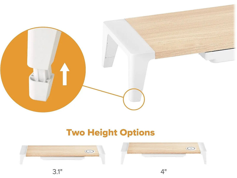 Bostitch Adjustable Monitor Stand with Wireless Charging Pad, Light Wood/White (STND-2408WH)