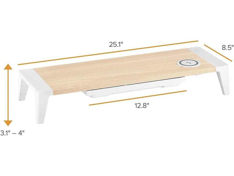 Bostitch Adjustable Monitor Stand with Wireless Charging Pad, Light Wood/White (STND-2408WH)