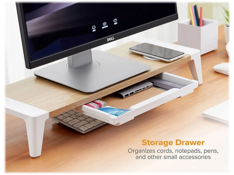 Bostitch Adjustable Monitor Stand with Wireless Charging Pad, Light Wood/White (STND-2408WH)