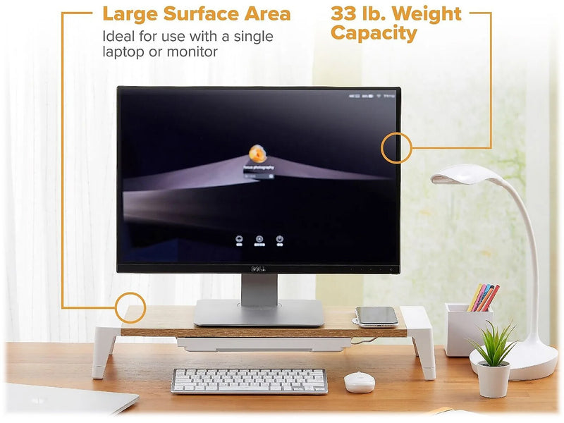 Bostitch Adjustable Monitor Stand with Wireless Charging Pad, Light Wood/White (STND-2408WH)