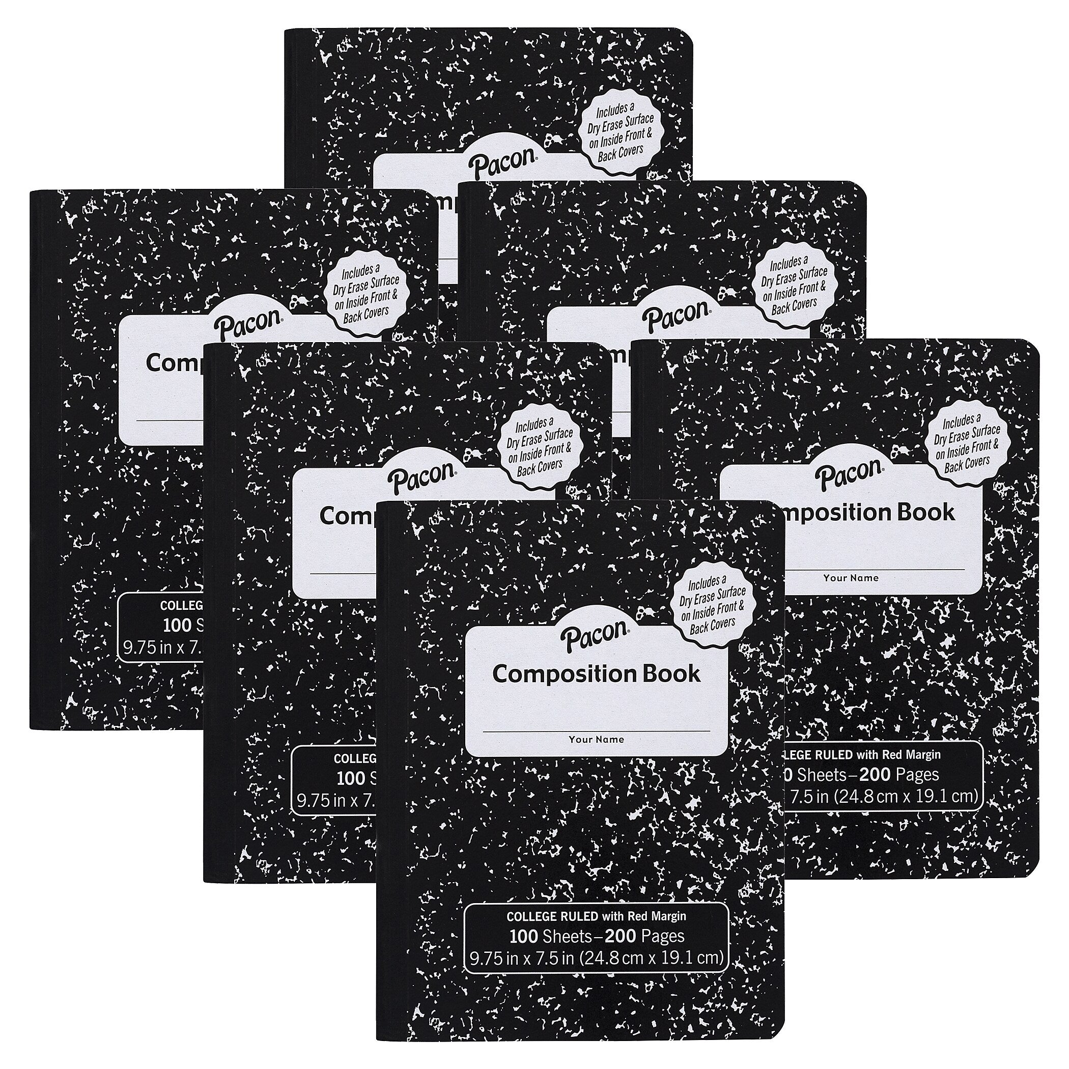 Pacon Composition Notebooks, 9.75" x 7.5", Wide Ruled, 100 Sheets, Black, 6/Bundle (PACMMK37101DE-6)
