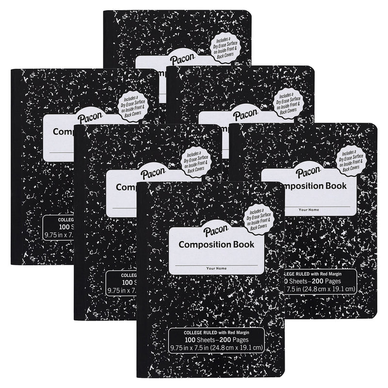 Pacon Composition Notebooks, 9.75" x 7.5", Wide Ruled, 100 Sheets, Black, 6/Bundle (PACMMK37101DE-6)