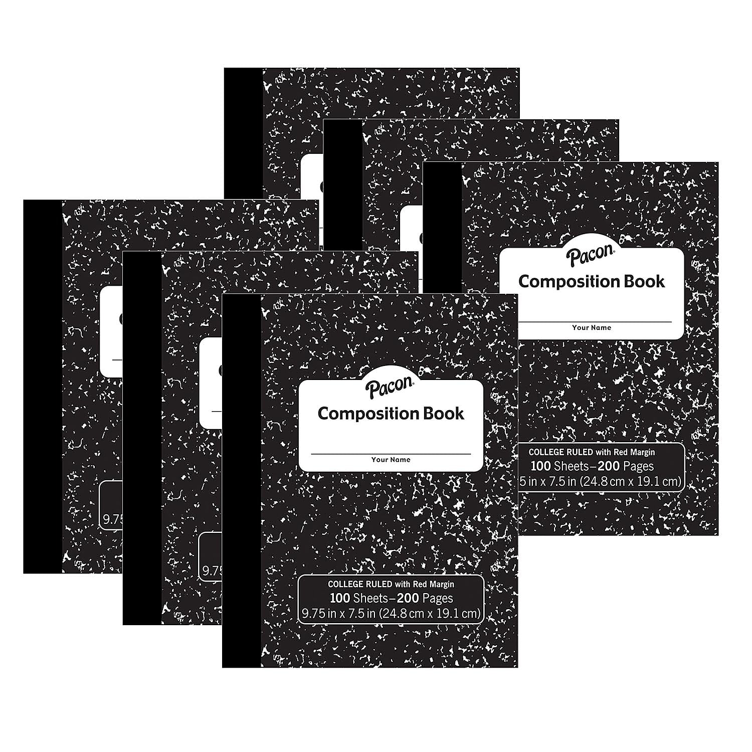 Pacon Composition Notebooks, 9.75" x 7.5", College Ruled, 100 Sheets, Black, 6/Bundle (PACMMK37106-6)
