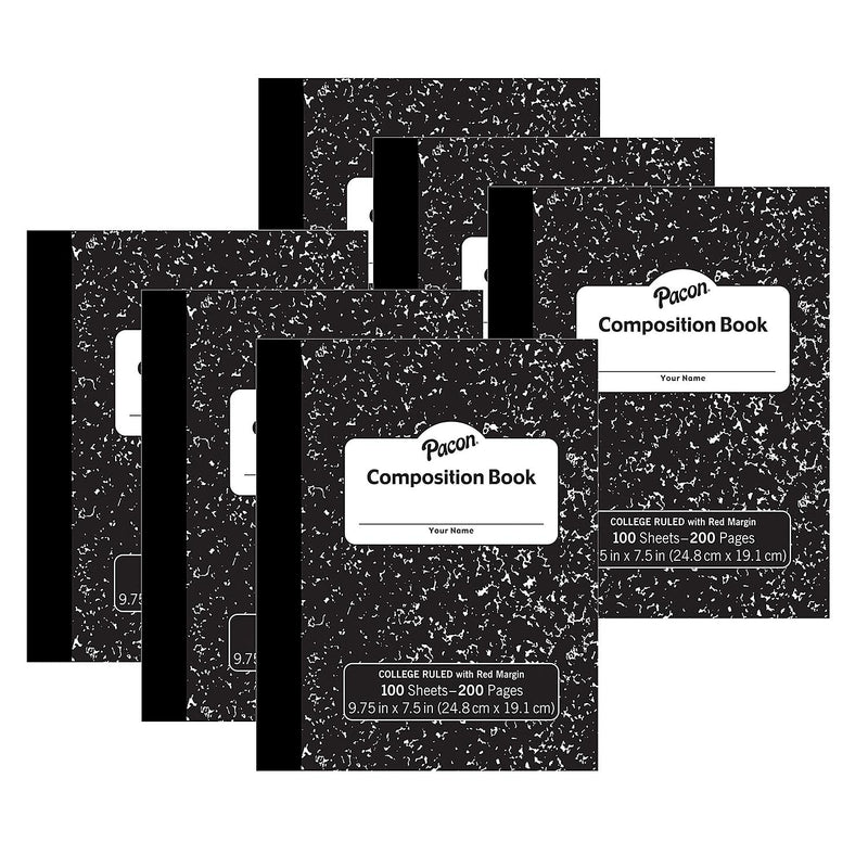 Pacon Composition Notebooks, 9.75" x 7.5", College Ruled, 100 Sheets, Black, 6/Bundle (PACMMK37106-6)