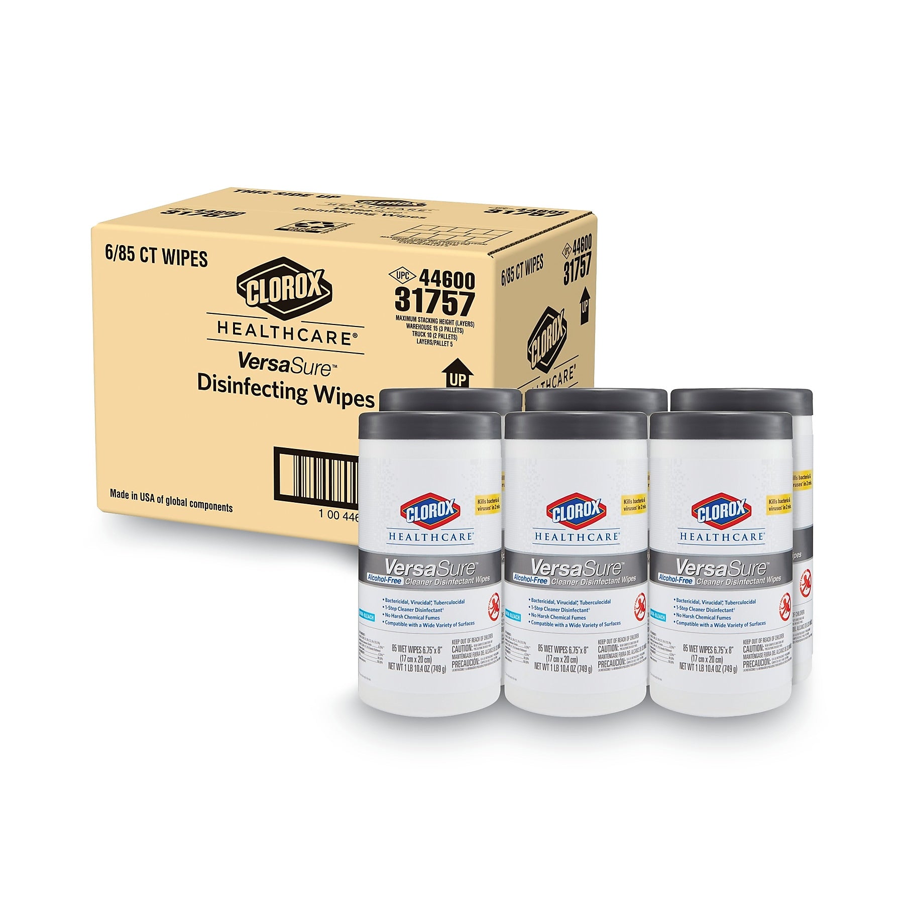 Clorox Healthcare VersaSure Disinfecting Wipes, 1-Ply, 6.75" x 8", White, 85/Canister, 6 Canisters/Carton