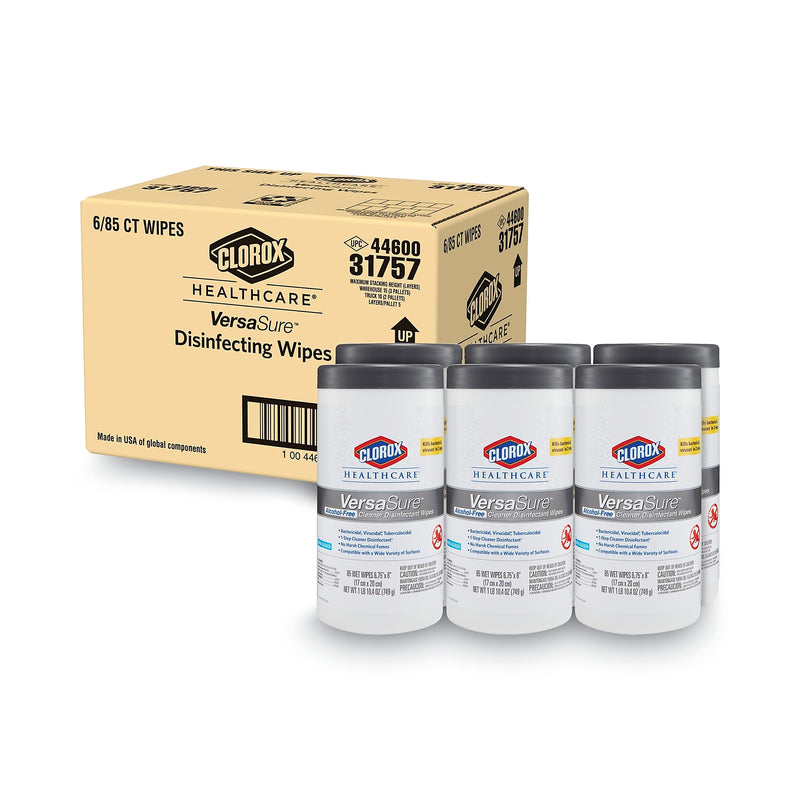 Clorox Healthcare VersaSure Disinfecting Wipes, 1-Ply, 6.75" x 8", White, 85/Canister, 6 Canisters/Carton