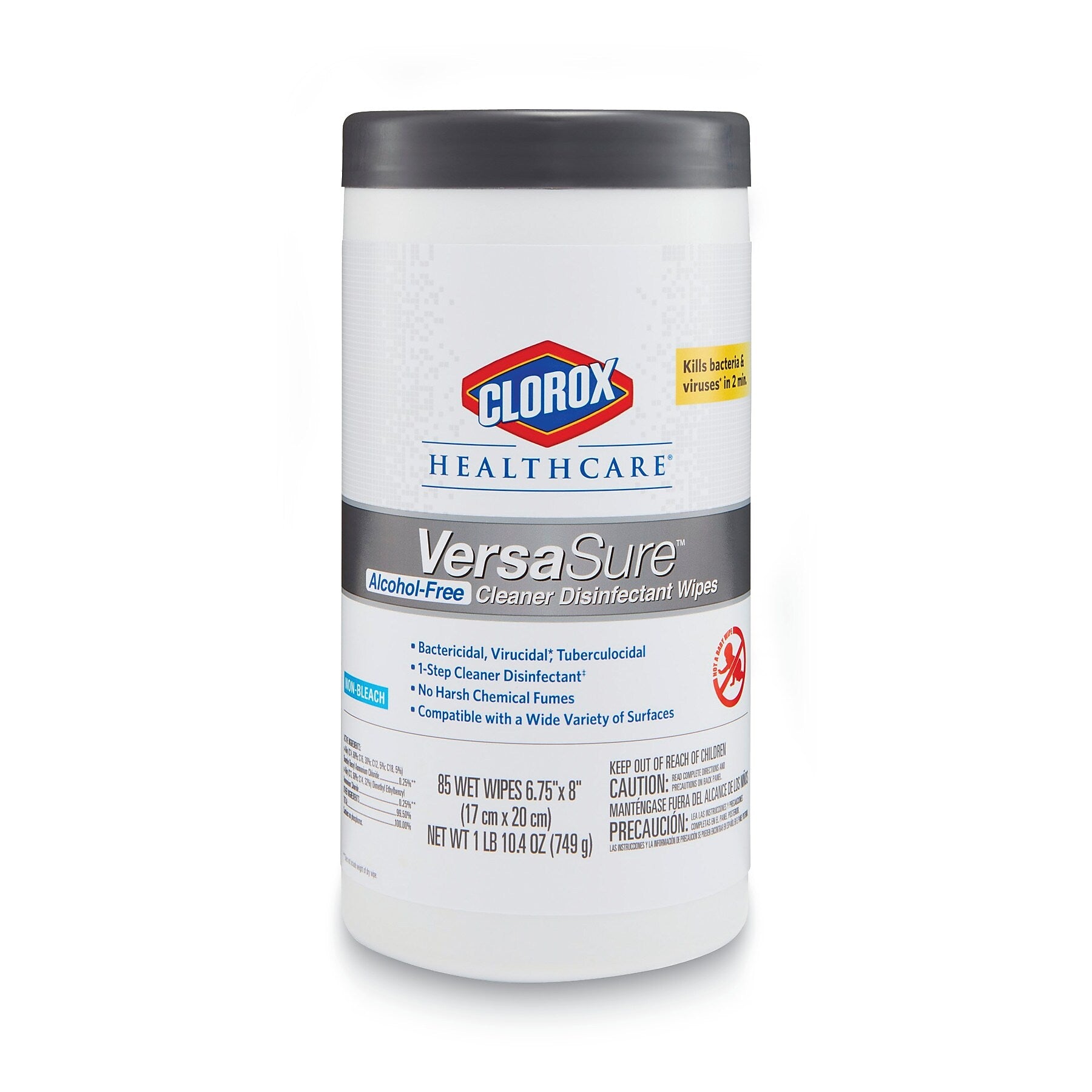 Clorox Healthcare VersaSure Disinfecting Wipes, 1-Ply, 6.75" x 8", White, 85/Canister, 6 Canisters/Carton