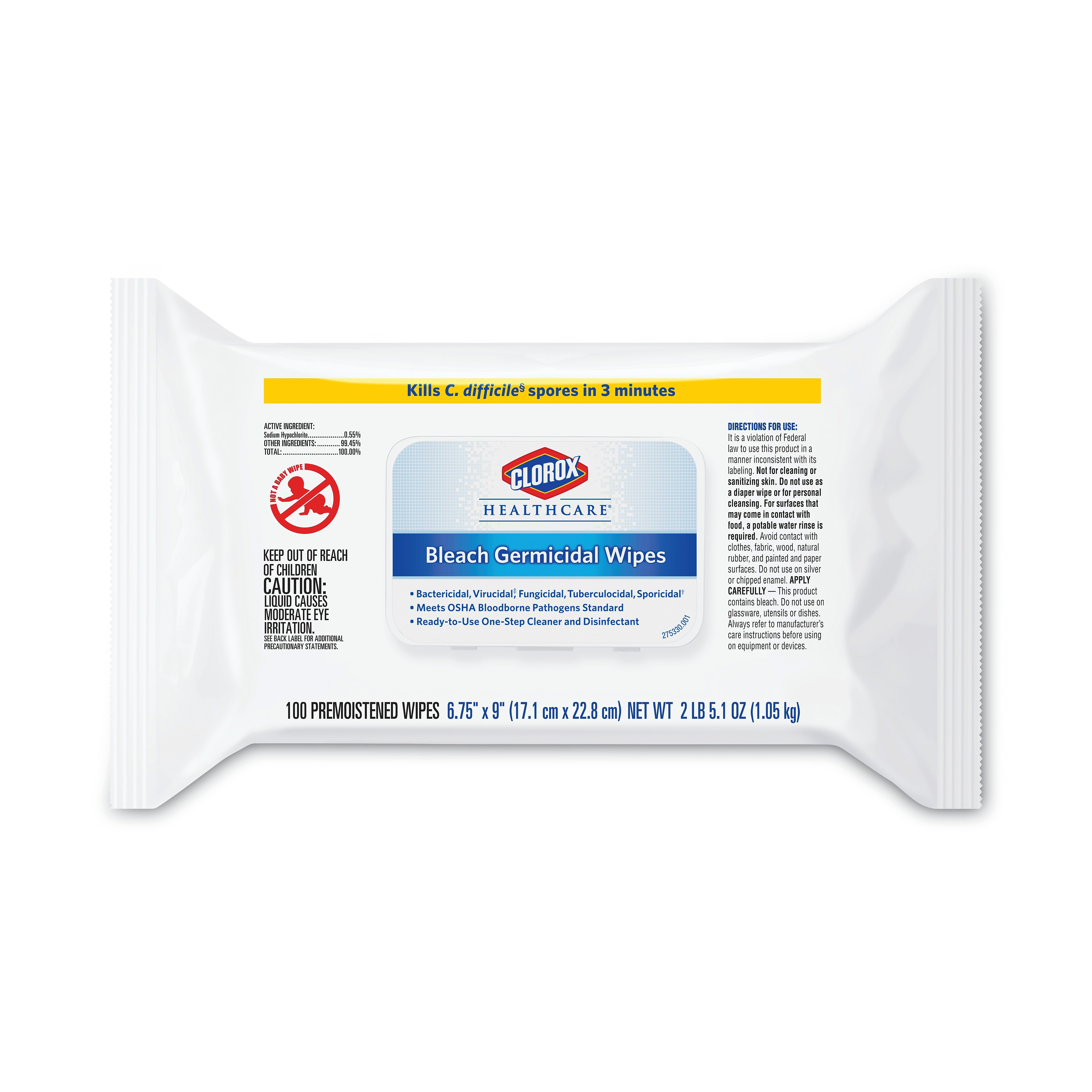 Clorox Healthcare Disinfecting Wipes, 100 Wipes/Flat Pack, 6/Pack
