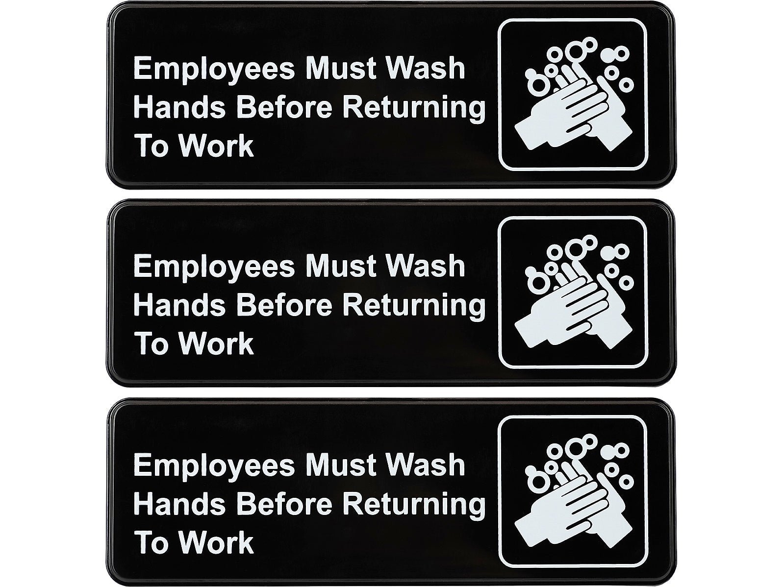 Excello Global Products Employees Must Wash Hands Indoor Wall Sign, 9" x 3", Black/White, 3/Pack (EGP-HD-0049-S)