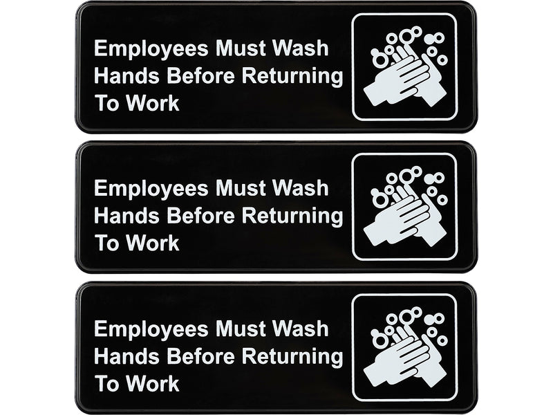 Excello Global Products Employees Must Wash Hands Indoor Wall Sign, 9" x 3", Black/White, 3/Pack (EGP-HD-0049-S)