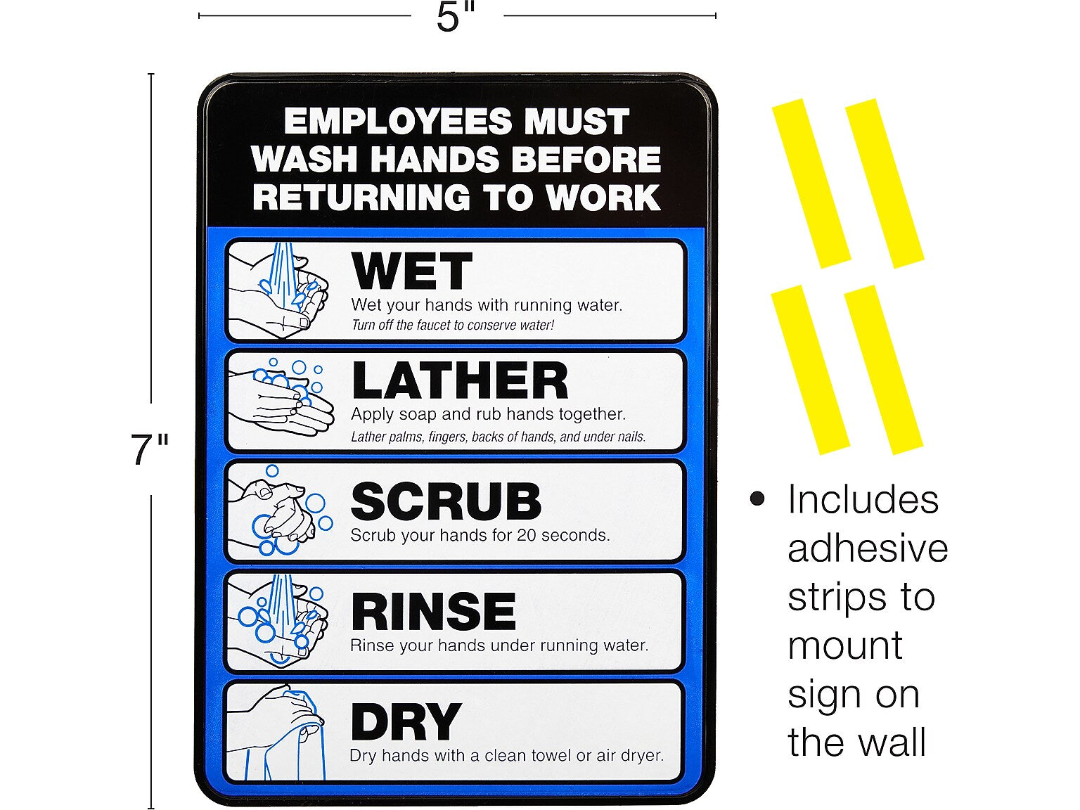 Excello Global Products Employees Must Wash Hands Indoor Wall Sign, 5" x 7", Multicolor, 2/Pack (EGP-HD-0171-S)